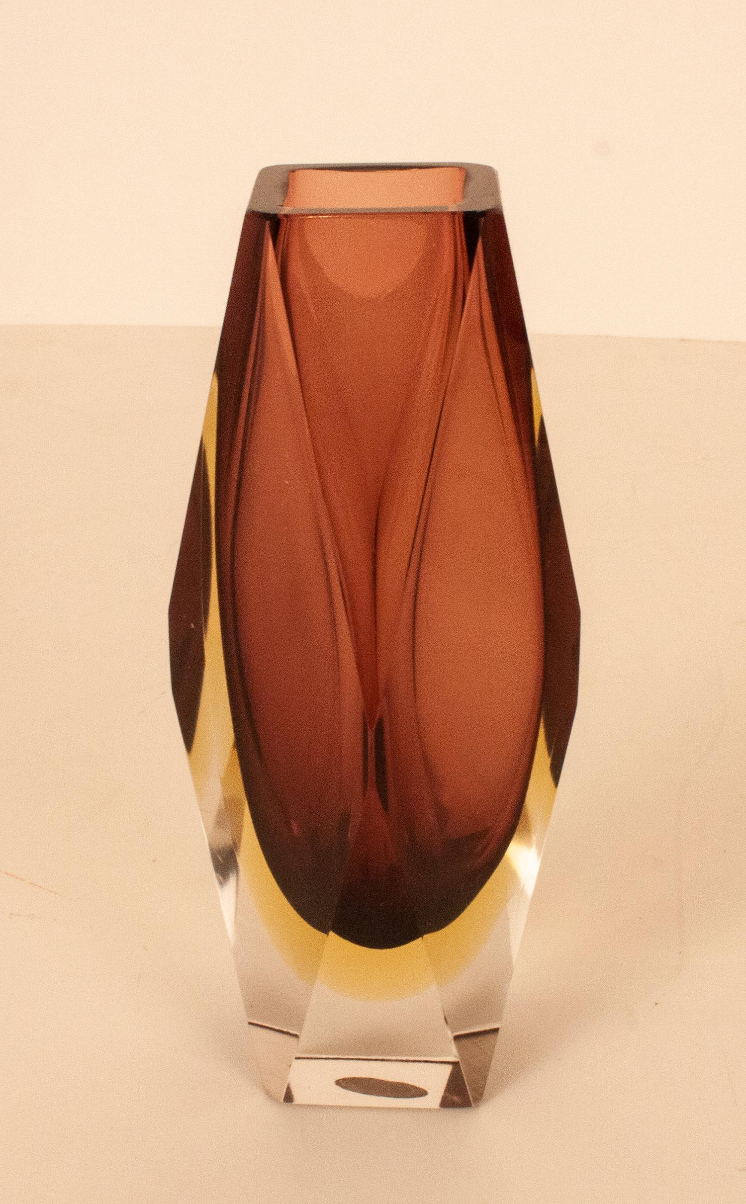 Mandruzzato Murano Sommerso Lila und Gold  Vase aus klarem und facettiertem Glas, 1960er Jahre (Italienisch) im Angebot
