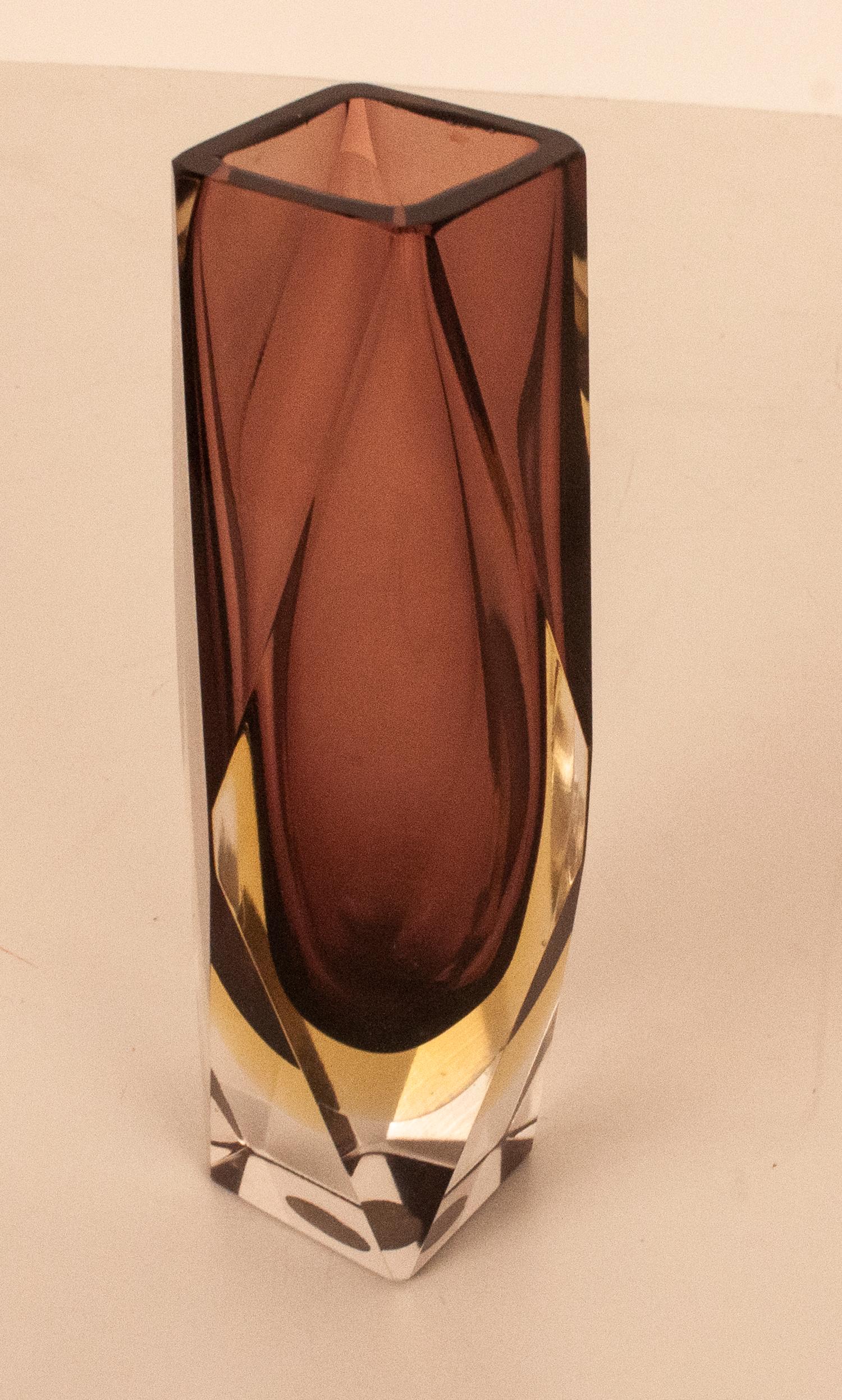 Italian Mandruzzato Murano Sommerso Purple and Gold  & Clear Faceted Glass Vase, 1960s For Sale