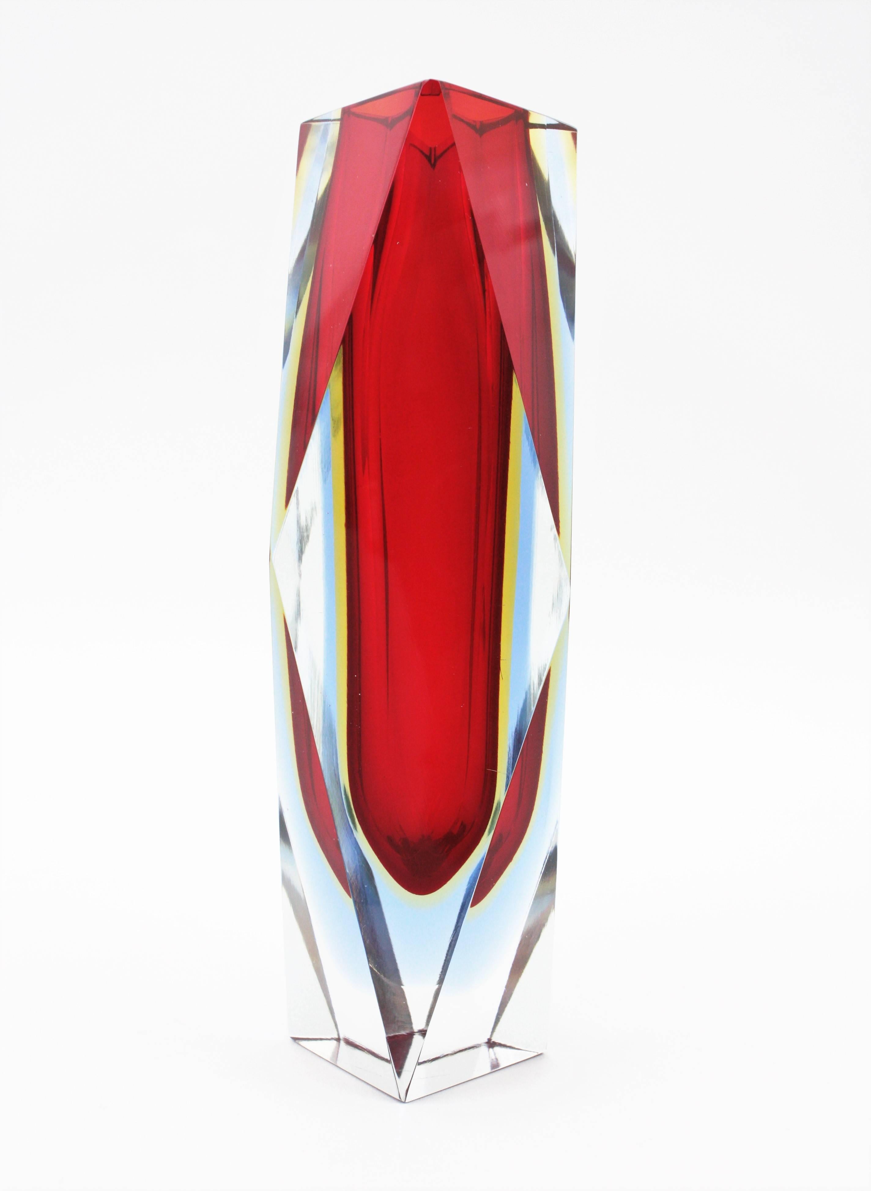 Mandruzzato Murano Sommerso Red, Blue, Yellow & Clear Faceted Glass Vase, 1960s For Sale 4