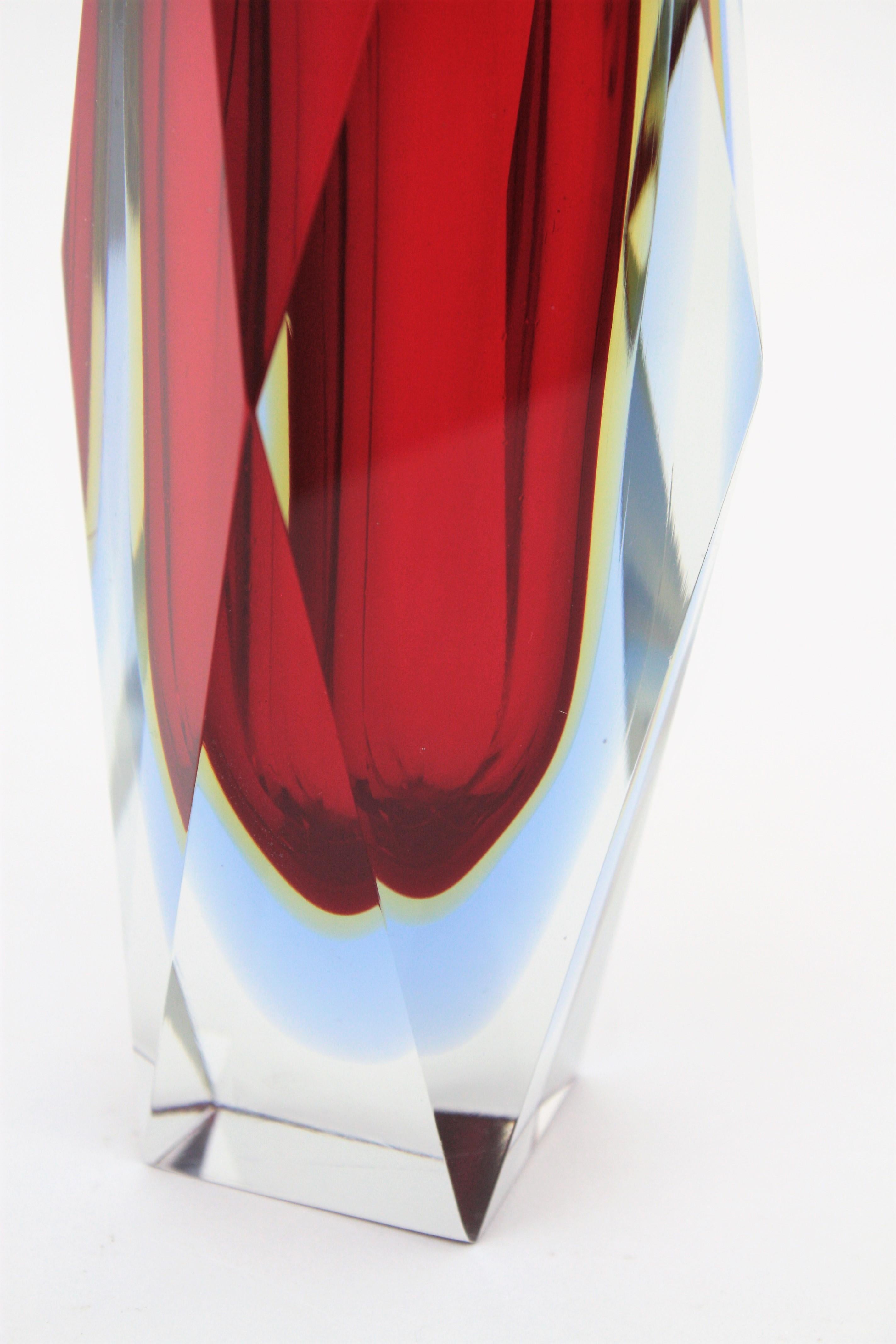 Mandruzzato Murano Sommerso Red, Blue, Yellow & Clear Faceted Glass Vase, 1960s For Sale 6