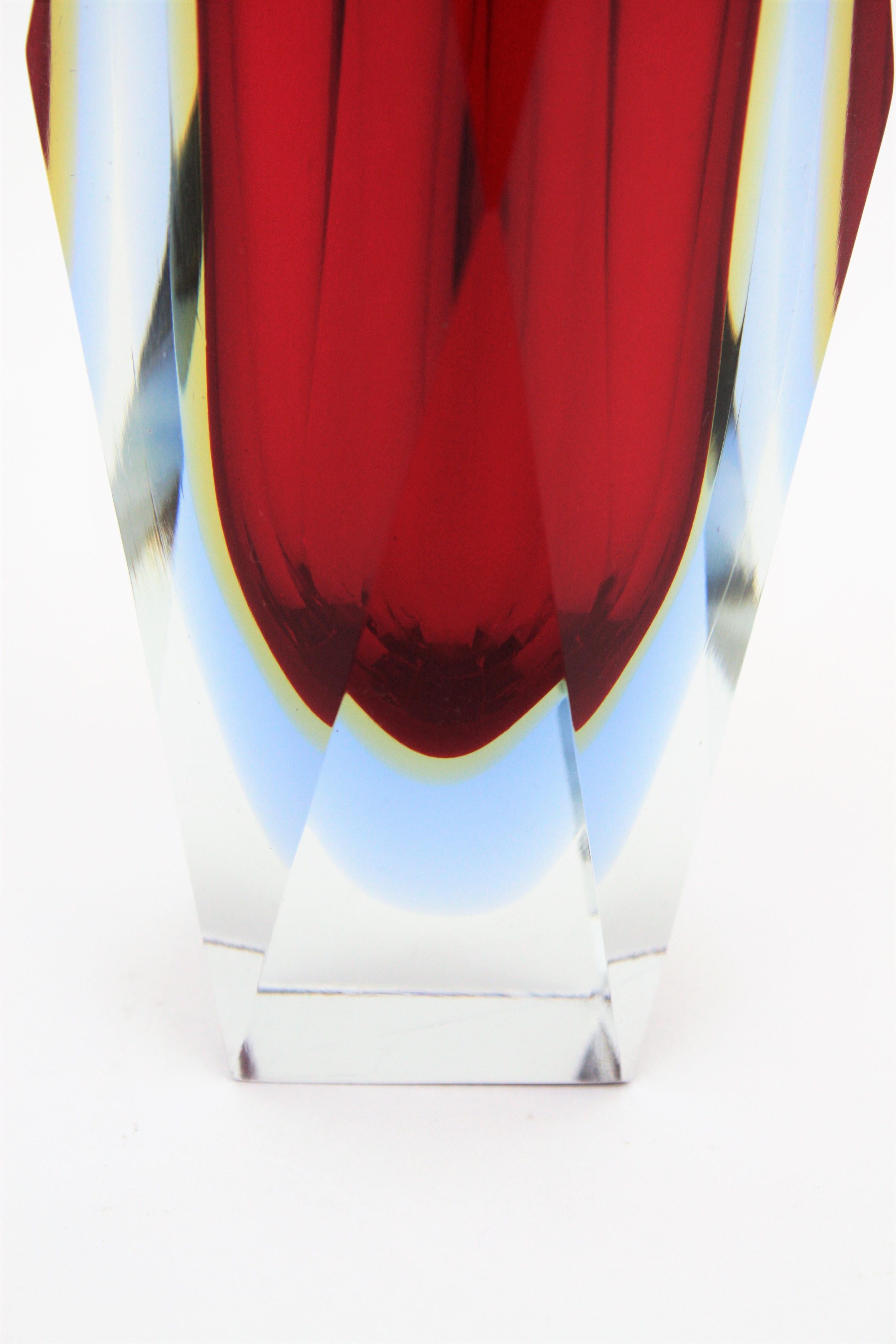 Mandruzzato Murano Sommerso Red, Blue, Yellow & Clear Faceted Glass Vase, 1960s For Sale 7