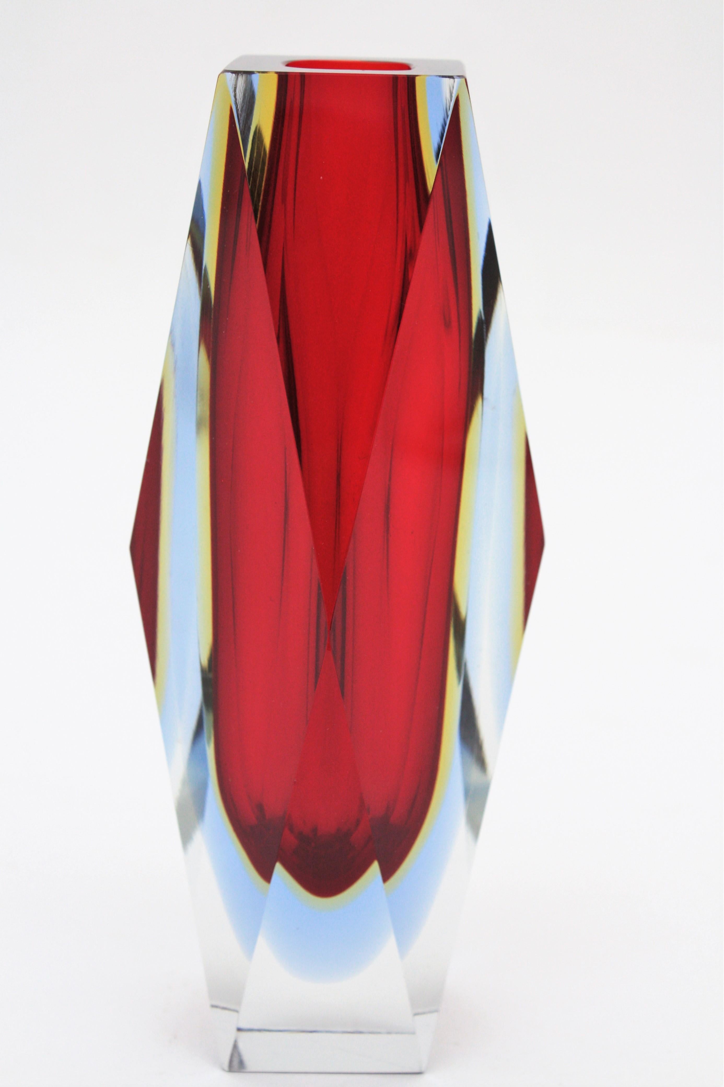 Mandruzzato Murano Sommerso Red, Blue, Yellow & Clear Faceted Glass Vase, 1960s For Sale 8