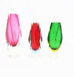Mandruzzato Murano Sommerso Red, Blue, Yellow & Clear Faceted Glass Vase, 1960s