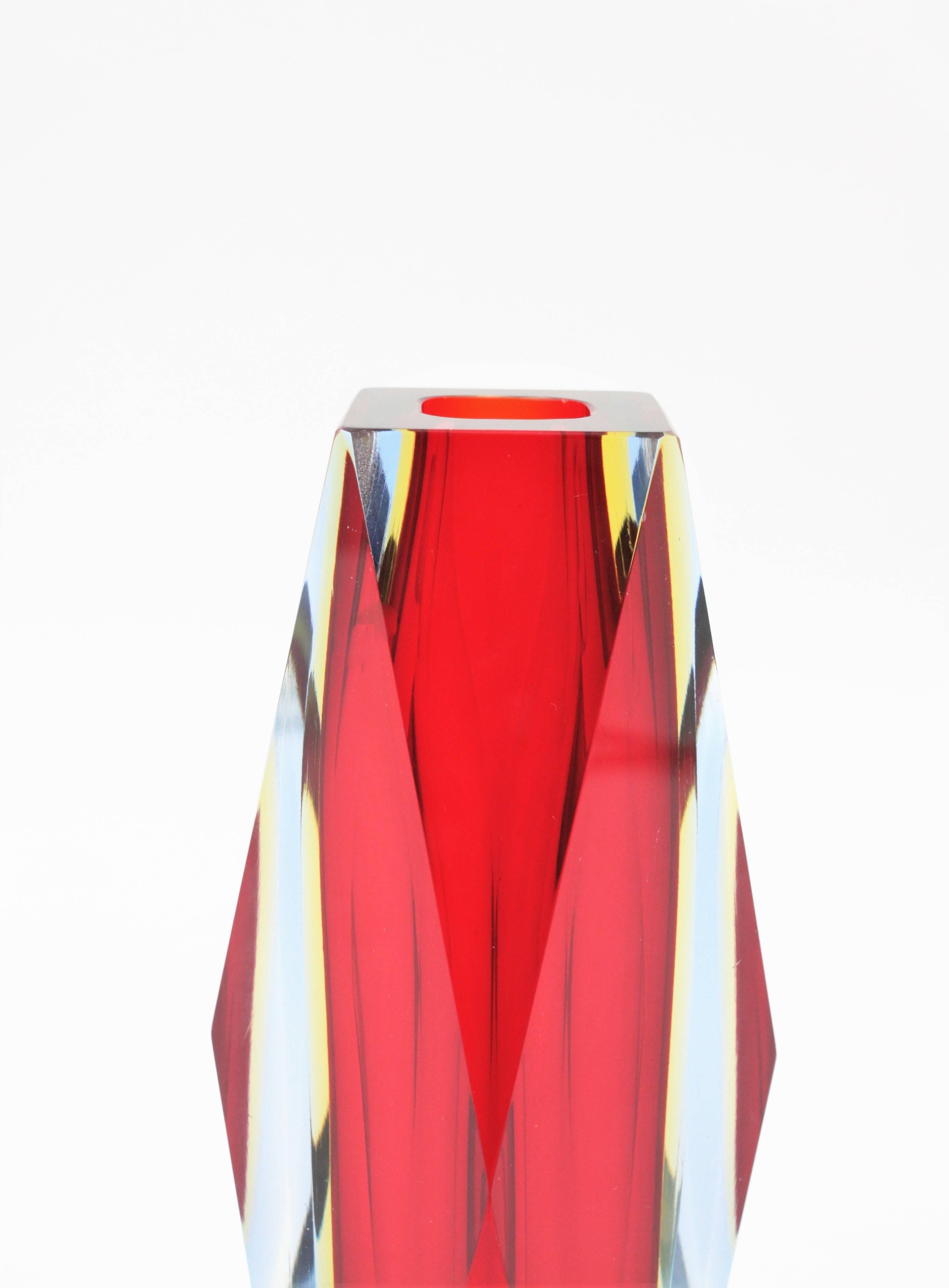 Mid-Century Modern Mandruzzato Murano Sommerso Red, Blue, Yellow & Clear Faceted Glass Vase, 1960s For Sale
