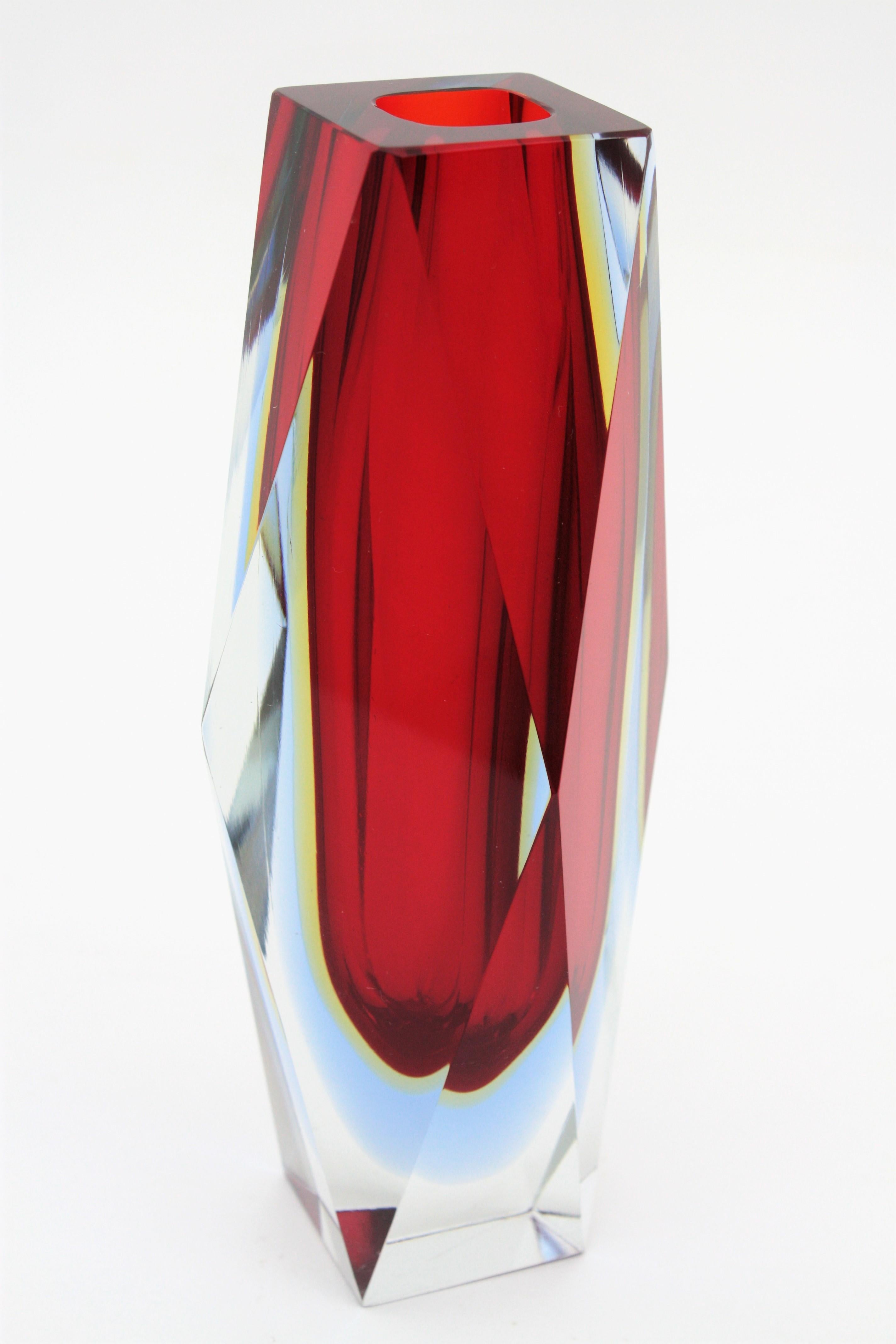 Mandruzzato Murano Sommerso Red, Blue, Yellow & Clear Faceted Glass Vase, 1960s For Sale 3