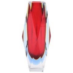 Mandruzzato Murano Sommerso Red, Blue, Yellow & Clear Faceted Glass Vase, 1960s