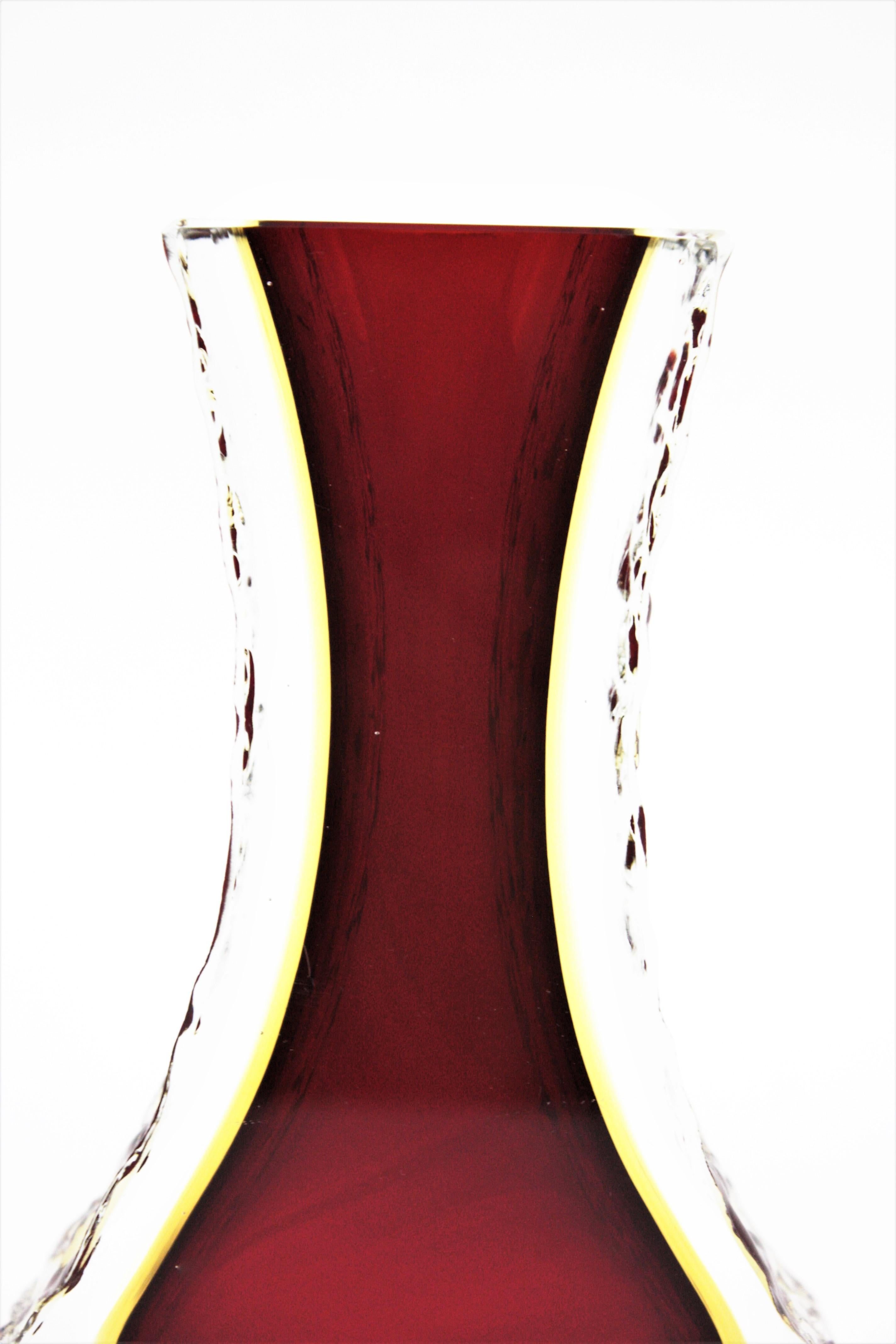 Art Glass Mandruzzato Murano Sommerso Red Yellow Ice Glass Faceted Vase  For Sale