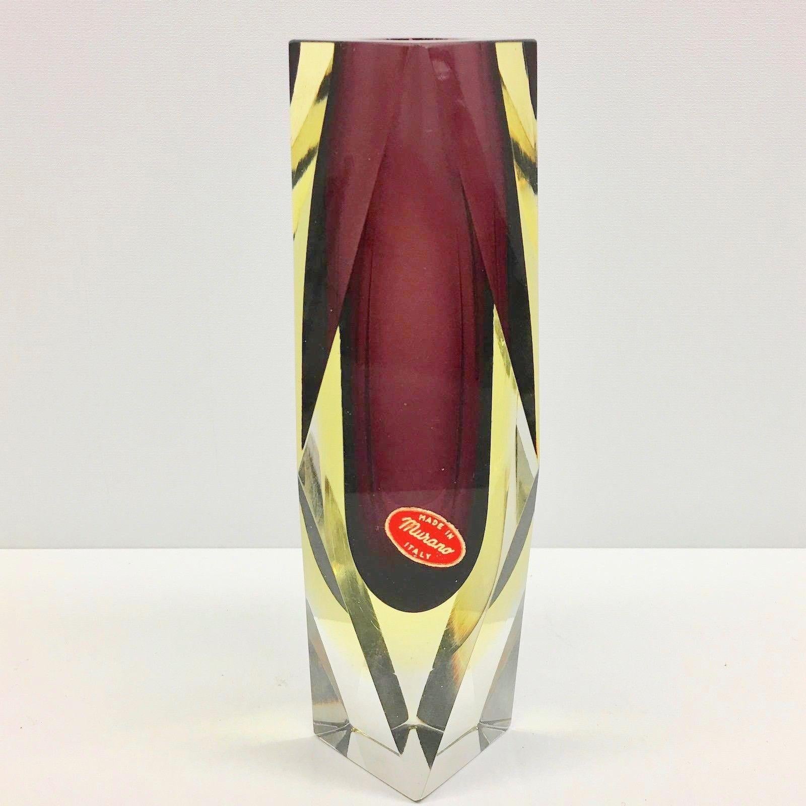 Mid-Century Modern Mandruzzato Purple Yellow Faceted Murano Glass Sommerso Vase