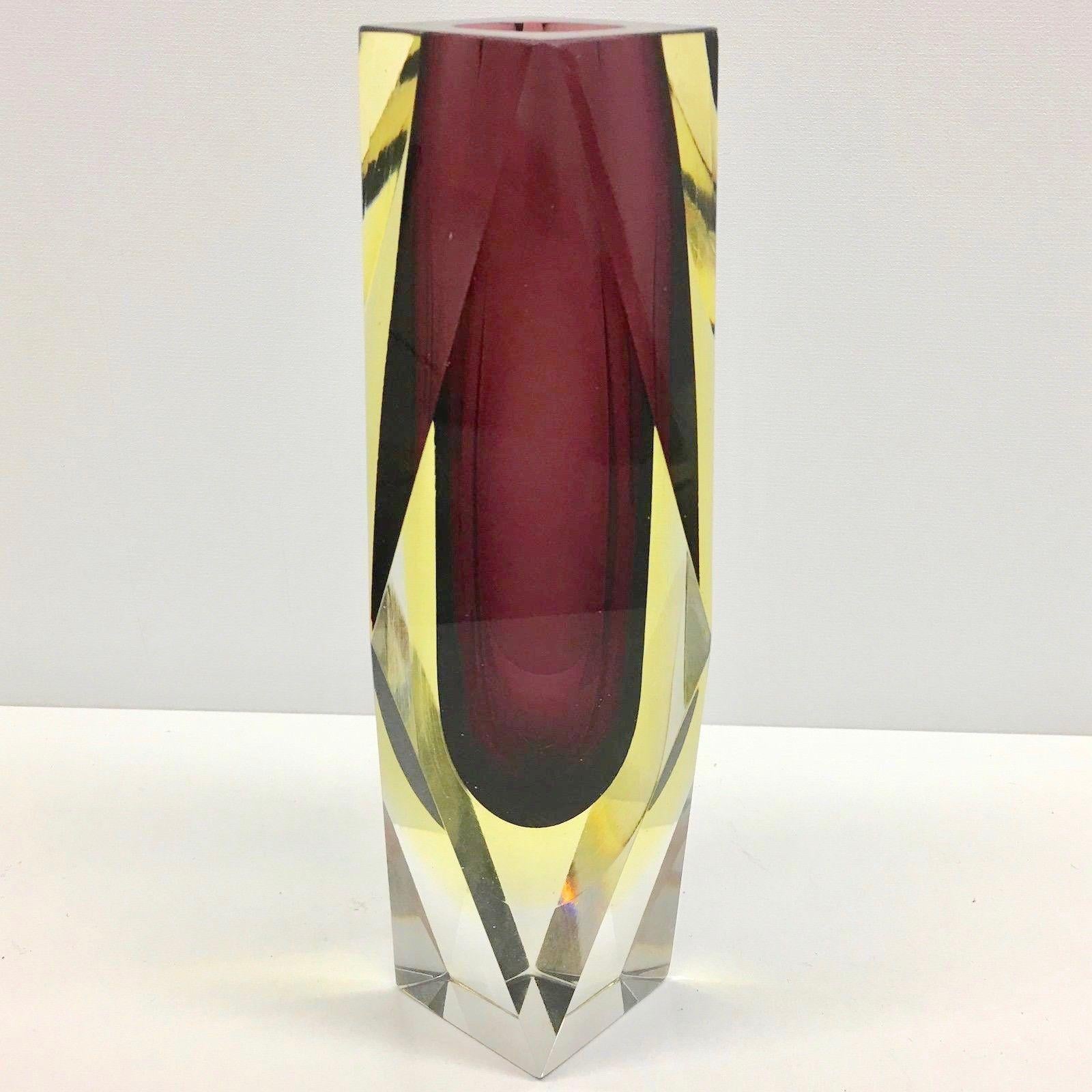 Italian Mandruzzato Purple Yellow Faceted Murano Glass Sommerso Vase