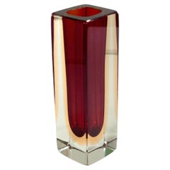 Mandruzzato Red and Clear Murano Glass Sommerso Block Vase