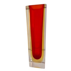 Mandruzzato Red, Yellow and Clear Murano Glass Sommerso Block Vase, Vintage