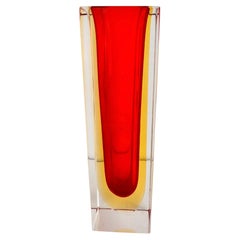 Mandruzzato Red, Yellow and Clear Murano Glass Sommerso Block Vase, Vintage