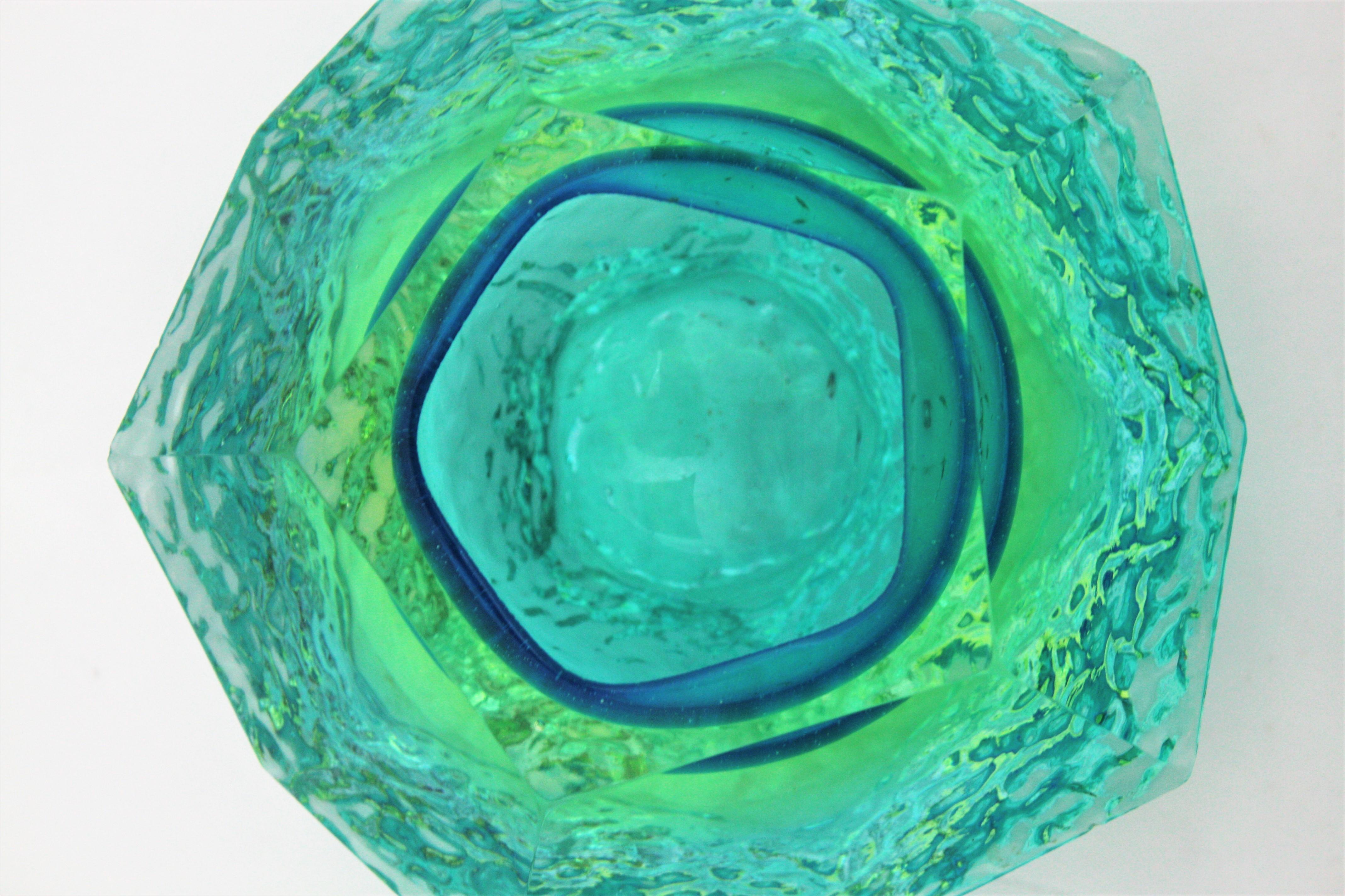 Mandruzzato Sommerso Mint Green Lime Blue Ice Glass Faceted Murano Bowl /Ashtray 3
