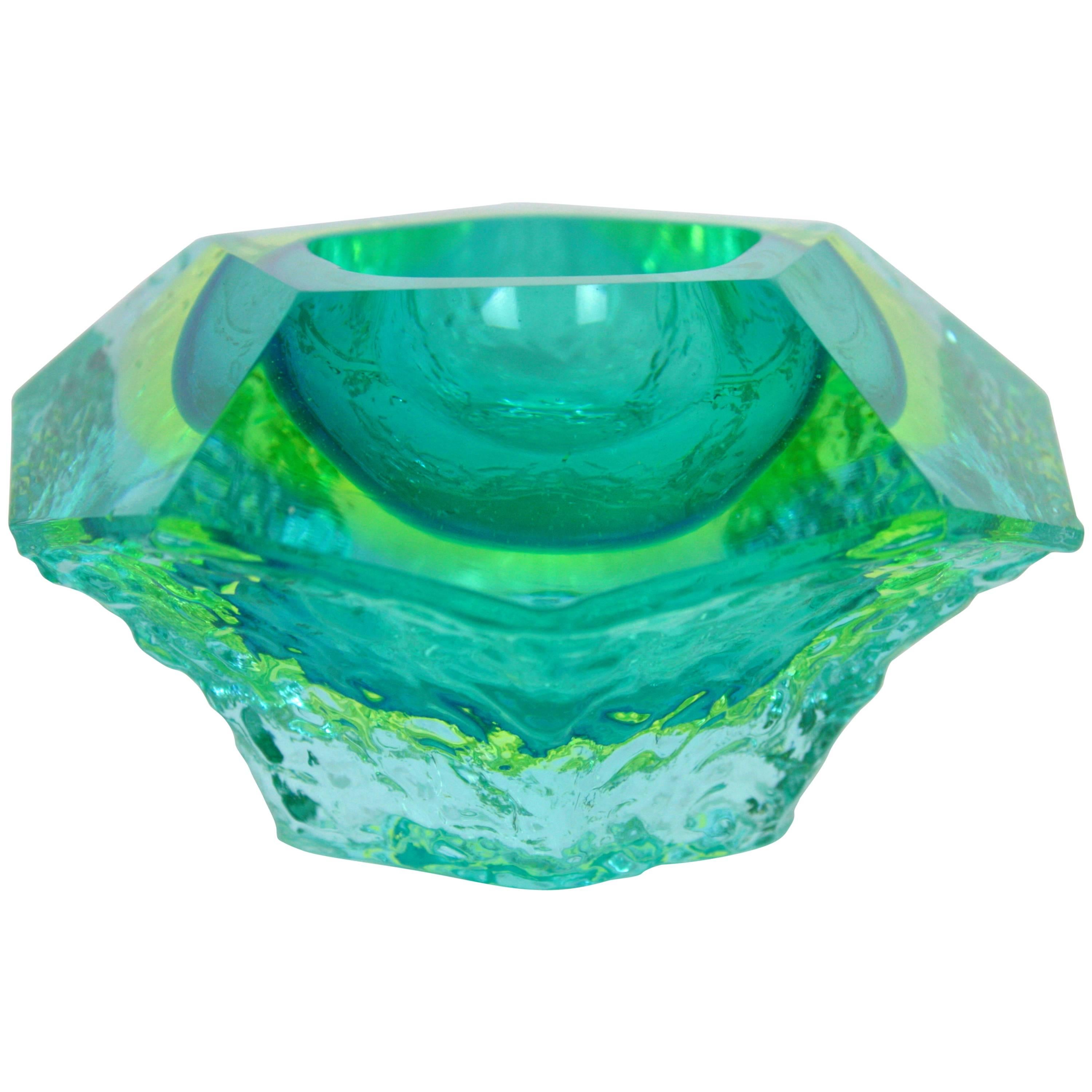 Mandruzzato Sommerso Mint Green Lime Blue Ice Glass Faceted Murano Bowl /Ashtray 4
