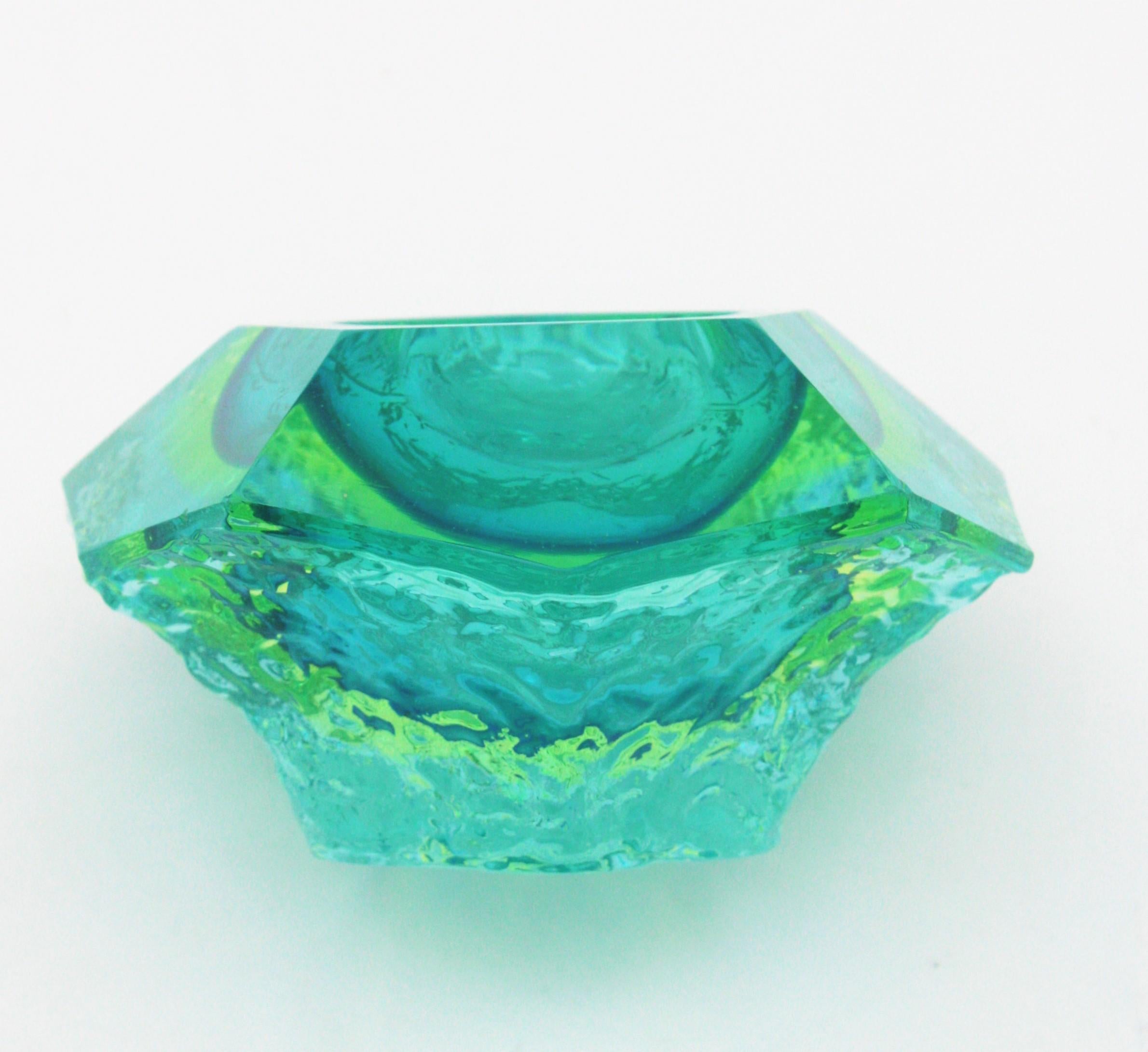 Mandruzzato Sommerso Mint Green Lime Blue Ice Glass Faceted Murano Bowl /Ashtray 5