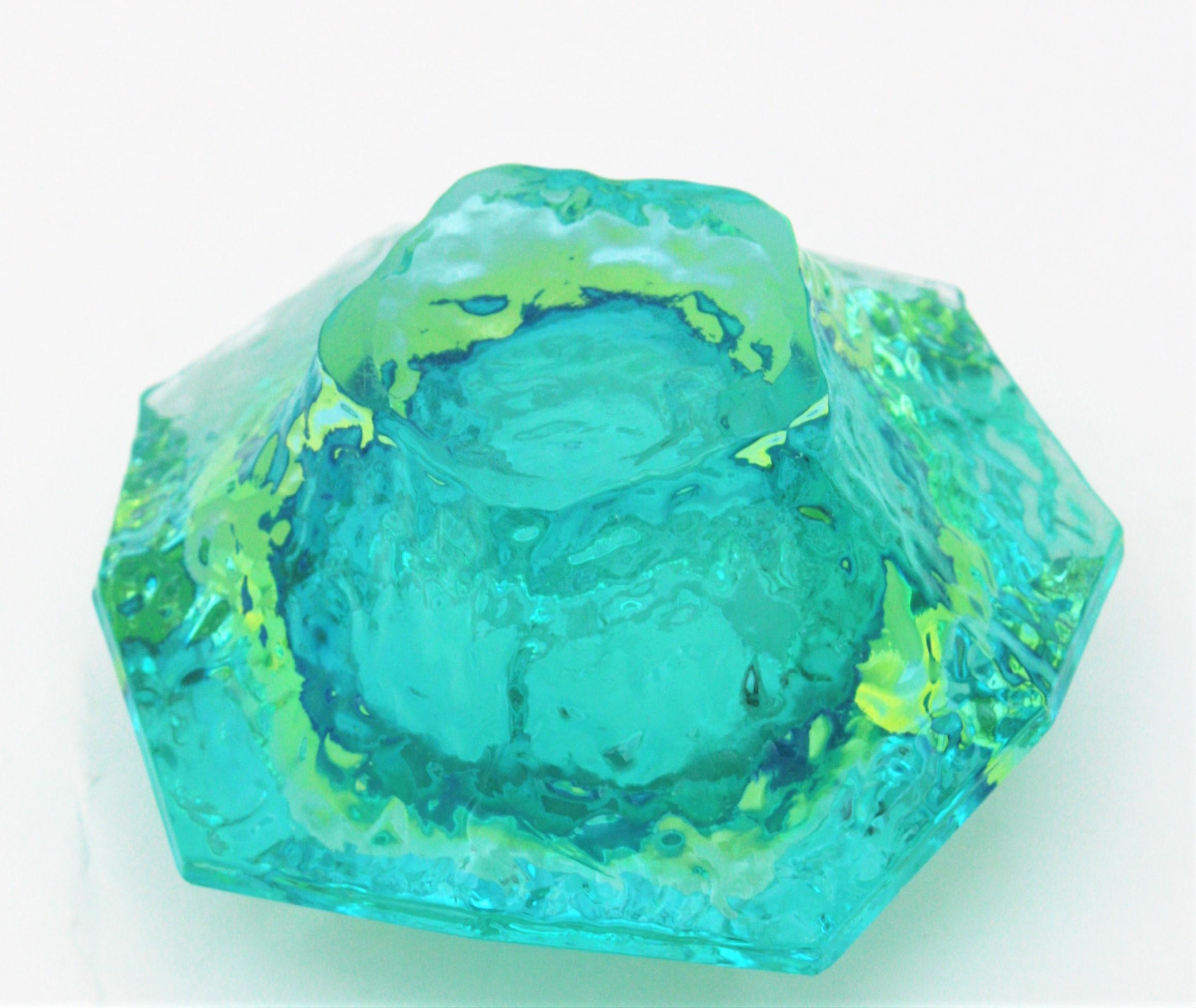 Mandruzzato Sommerso Mint Green Lime Blue Ice Glass Faceted Murano Bowl /Ashtray 6