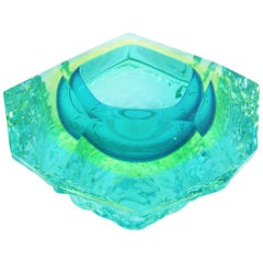 Mandruzzato Sommerso Mint Green Lime Blue Ice Glass Faceted Murano Bowl /Ashtray