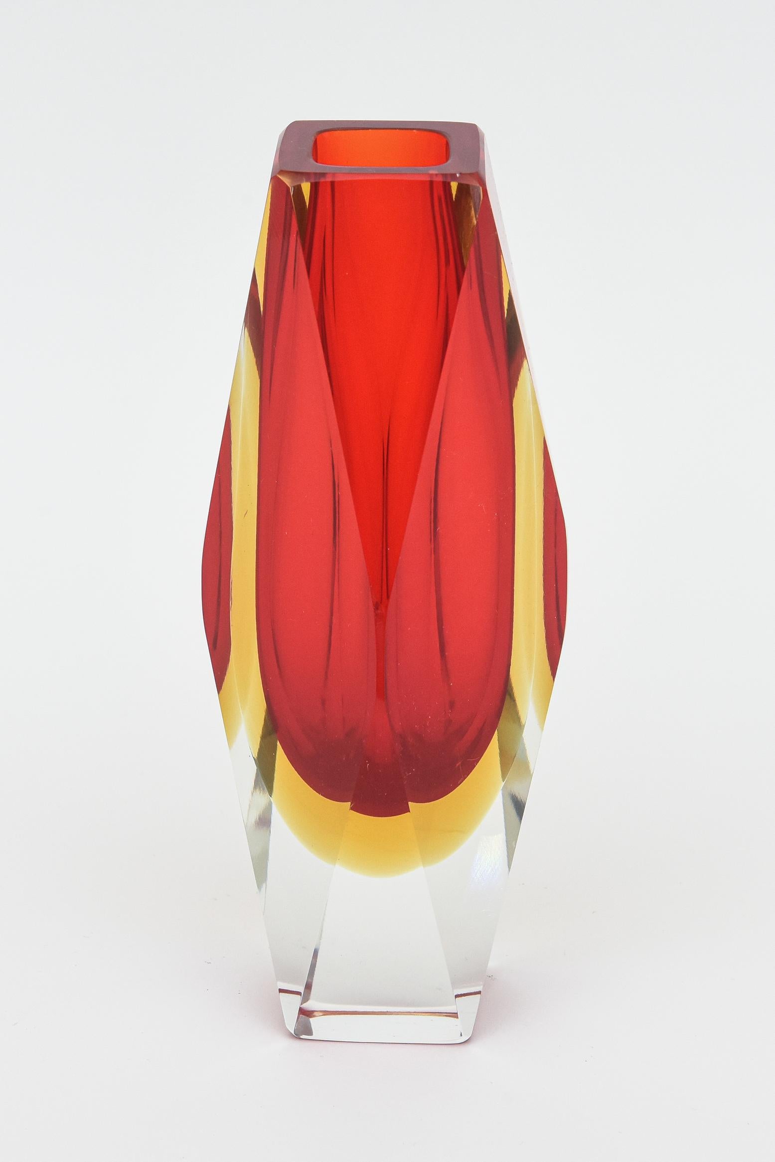 Modern Mandruzzato Vintage Murano Red and Yellow Sommerso Faceted Glass Vase Italian For Sale