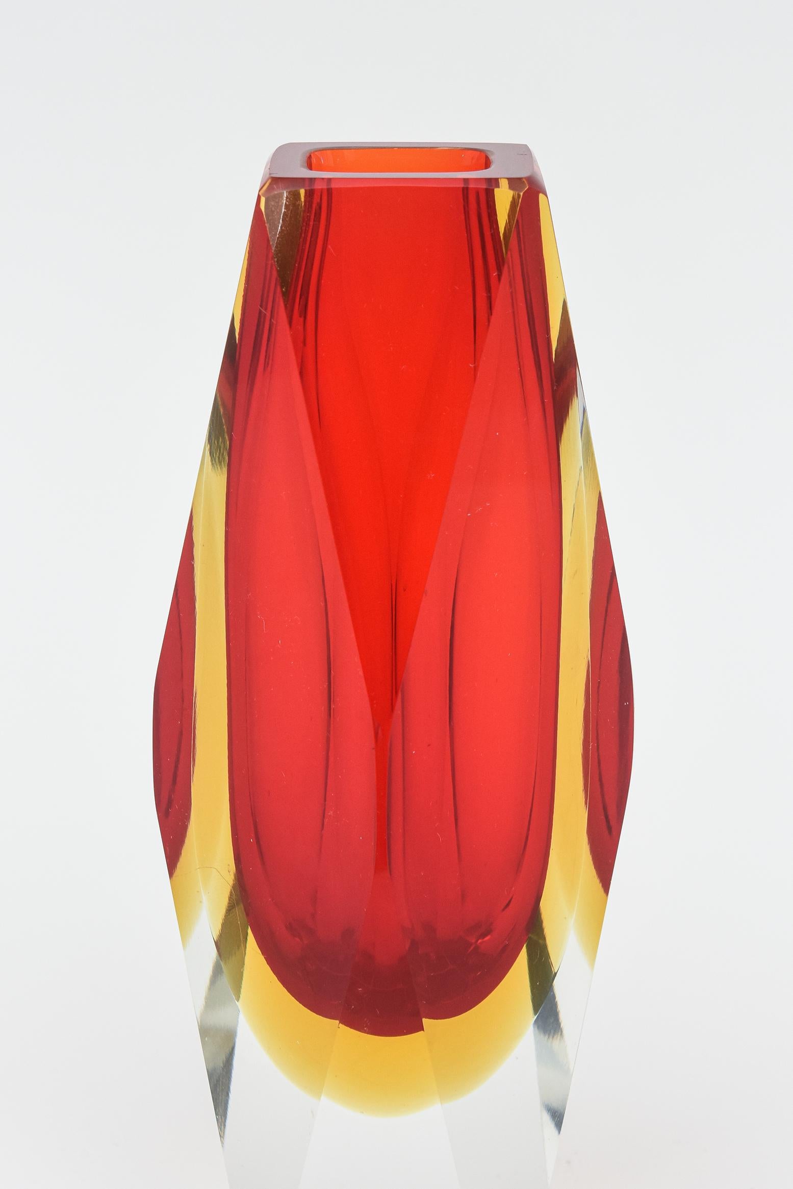 Blown Glass Mandruzzato Vintage Murano Red and Yellow Sommerso Faceted Glass Vase Italian For Sale