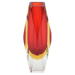 Mandruzzato Vintage Murano Red and Yellow Sommerso Faceted Glass Vase Italian