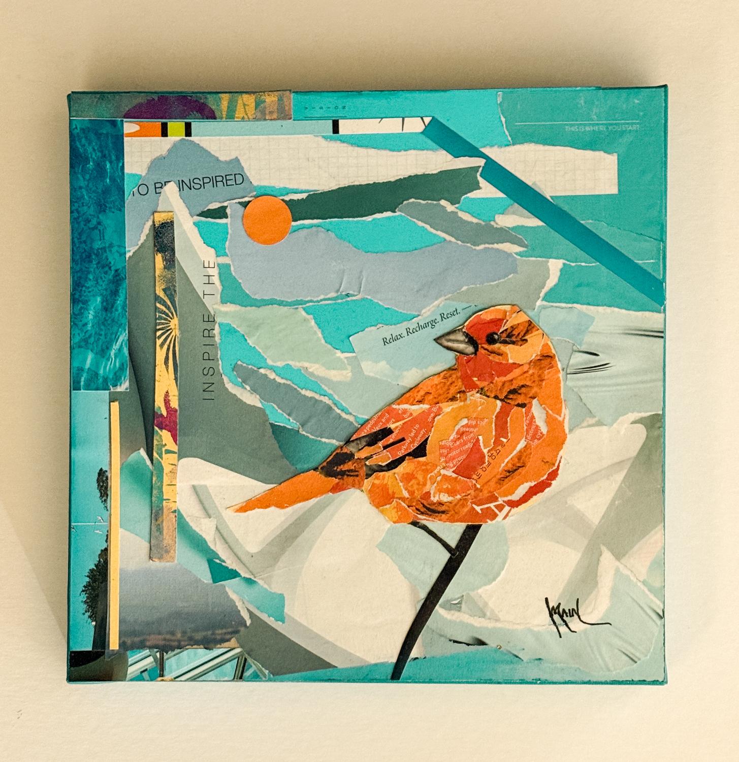 <p>Artist Comments<br>A vibrant collage features a bird made from torn pieces of paper. The background depicts the clouds, sky, and water. Abstract shapes and text fragments create an engaging and layered visual experience.</p><br/><p>About the