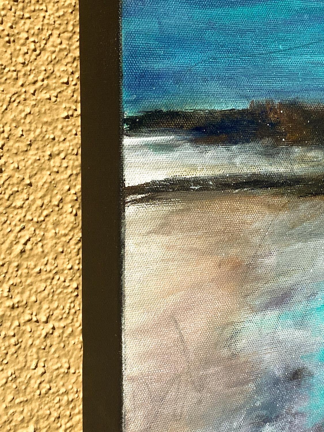 <p>Artist Comments<br>Aquas, purples, and beige evoke the tranquil shore of a Bermuda beach. Loose marks drawn with charcoal define the shadows, while the shimmering white splatters on the water's edge reflect the moonlight. Rock formations come to