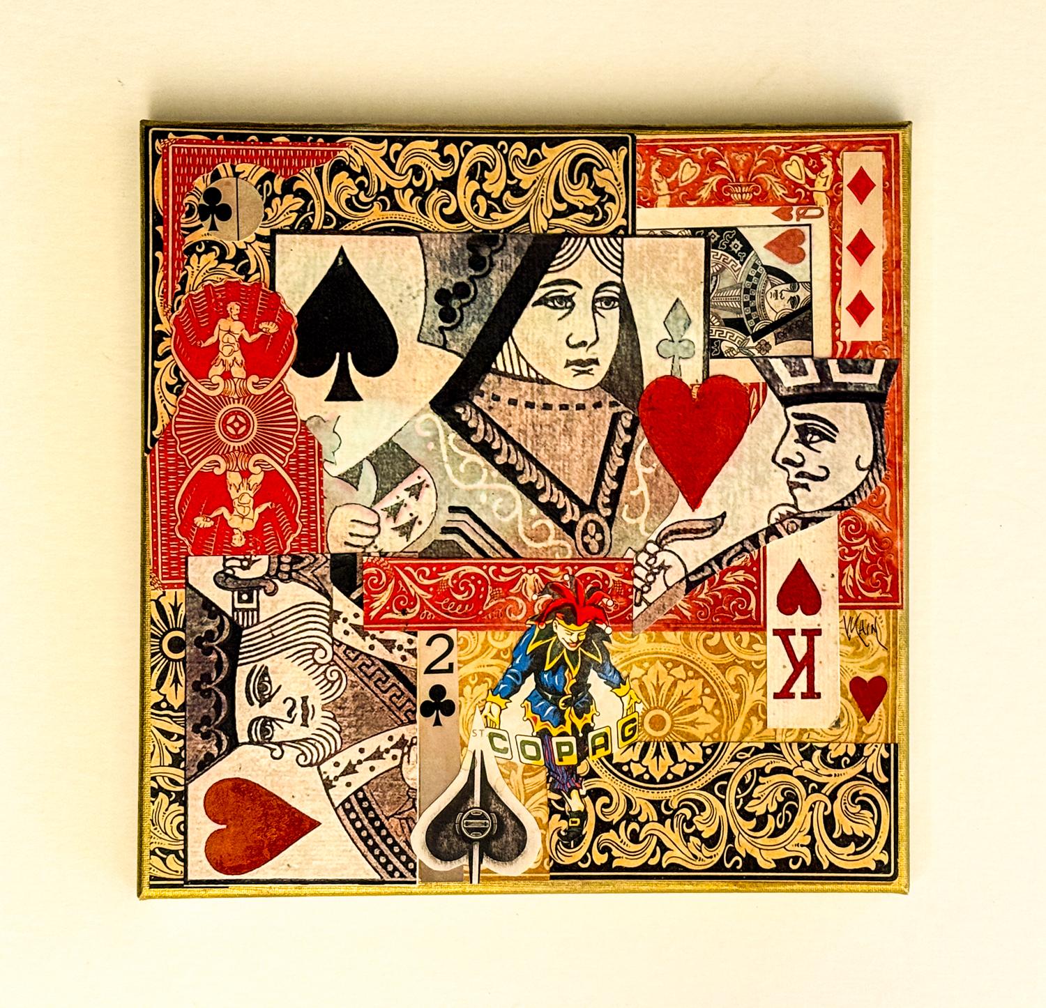 <p>Artist Comments<br>A collage created from images of playing cards significant in the game of hearts. Red, black, and gold ornate patterns fill the design. Recognizable symbols weave through decorative motifs, creating a detailed