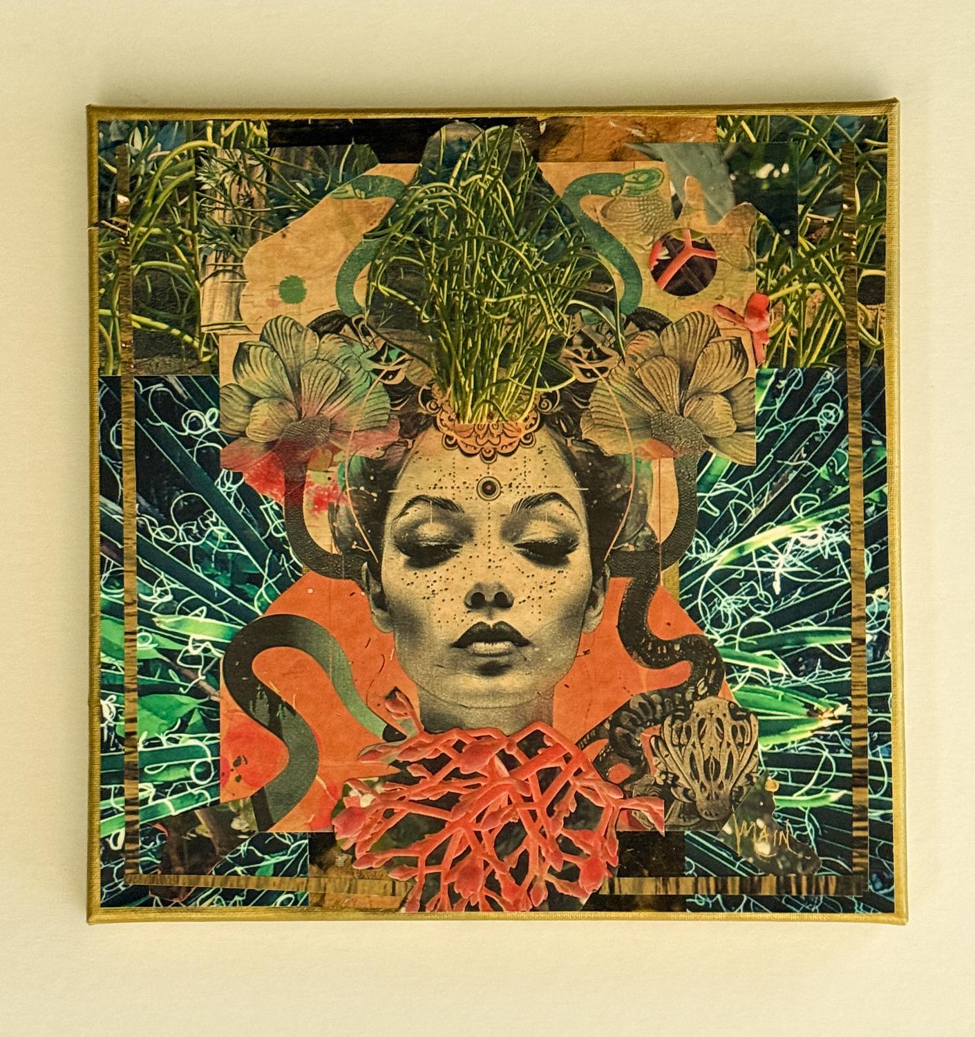 <p>Artist Comments<br>A woman's face with downcast eyes emerges in a vibrant collage. Her expression is peaceful yet intense. Intricate patterns, dots, and botanical elements surround her. Green foliage blooms from her hair, merging with organic and
