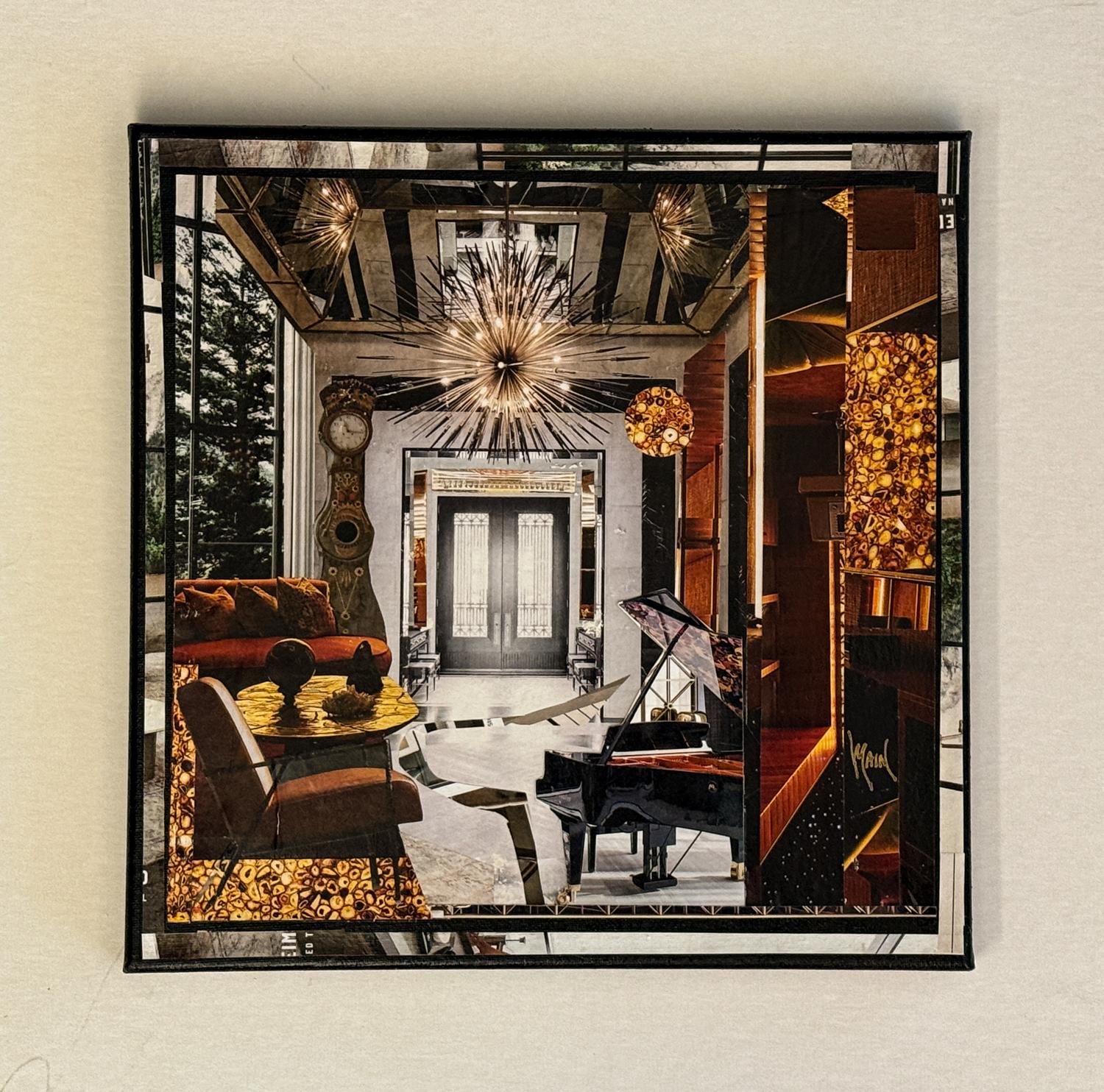 <p>Comentarios del artista<br>Un collage representa un interior opulento que mezcla fantasía, lujo y diseño ecléctico. Un piano de cola, muebles ornamentados y llamativos elementos decorativos llenan la fastuosa sala. Los grandes ventanales revelan