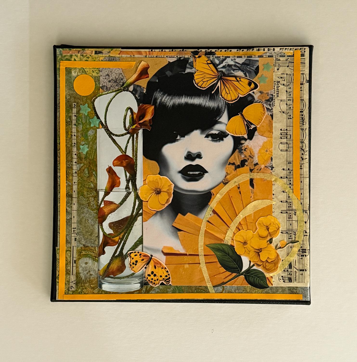 <p>Commentaires de l'artiste<br>Le portrait monochrome d'une femme aux cheveux et au maquillage foncés contraste avec les papillons et les fleurs d'un jaune éclatant. Un vase en verre contenant un arrangement lyrique de lys calla renforce l'aspect