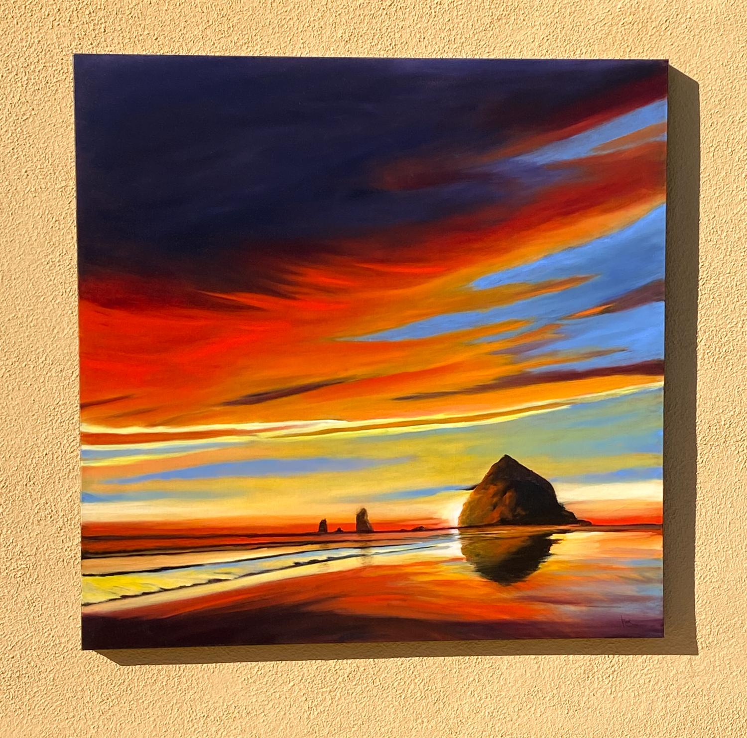 <p>Artist Comments<br>Dramatic technicolor clouds sweep across the sky, reflecting their vibrant hues on the water and sand below. The light from the nearly obscured sun peeks through the monolith, creating striking contrasts of light and shadow.