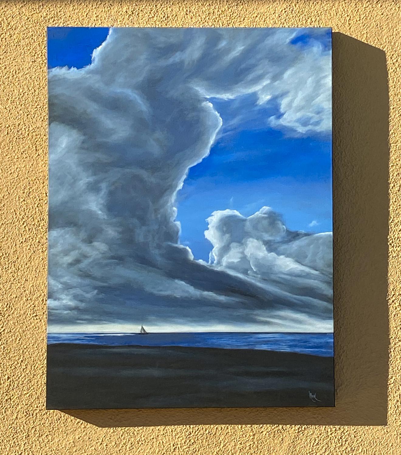 <p>Artist Comments<br>Dark, stormy clouds cover the sun, looming over a coastline and creating a dramatic mood for the seascape. On the horizon, a lone sailboat casts a silhouette against a strip of light. Inspired by the scenic beauty of Nazare,