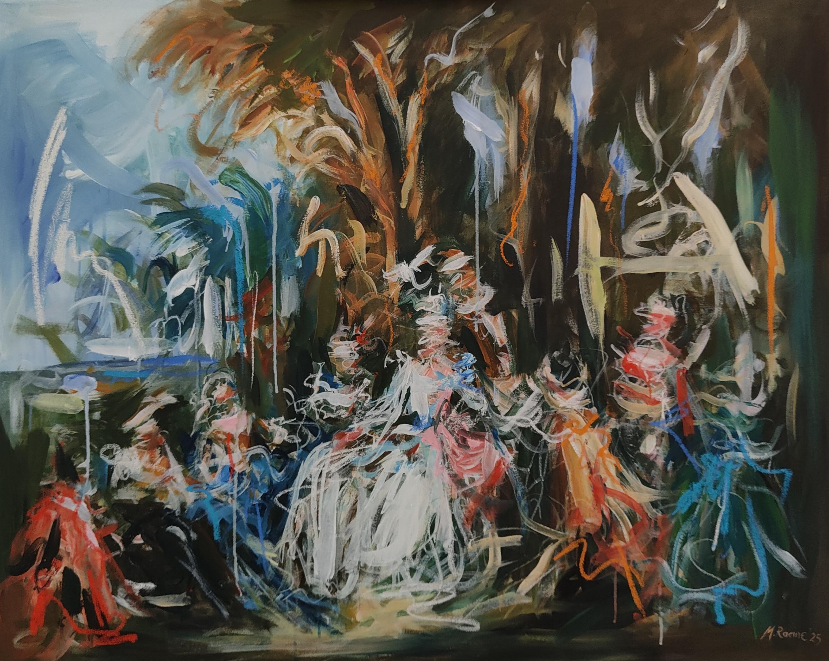 MANDY RACINE
"Unter Freunden"
Acryl auf Leinwand
31 x 39 Zoll
____________________

"Die Malerei bringt mich an einen anderen Ort, in meine eigene Welt, die von den alten Meistern und der Bildsprache des Barock und Rokoko inspiriert ist.  Ich lasse