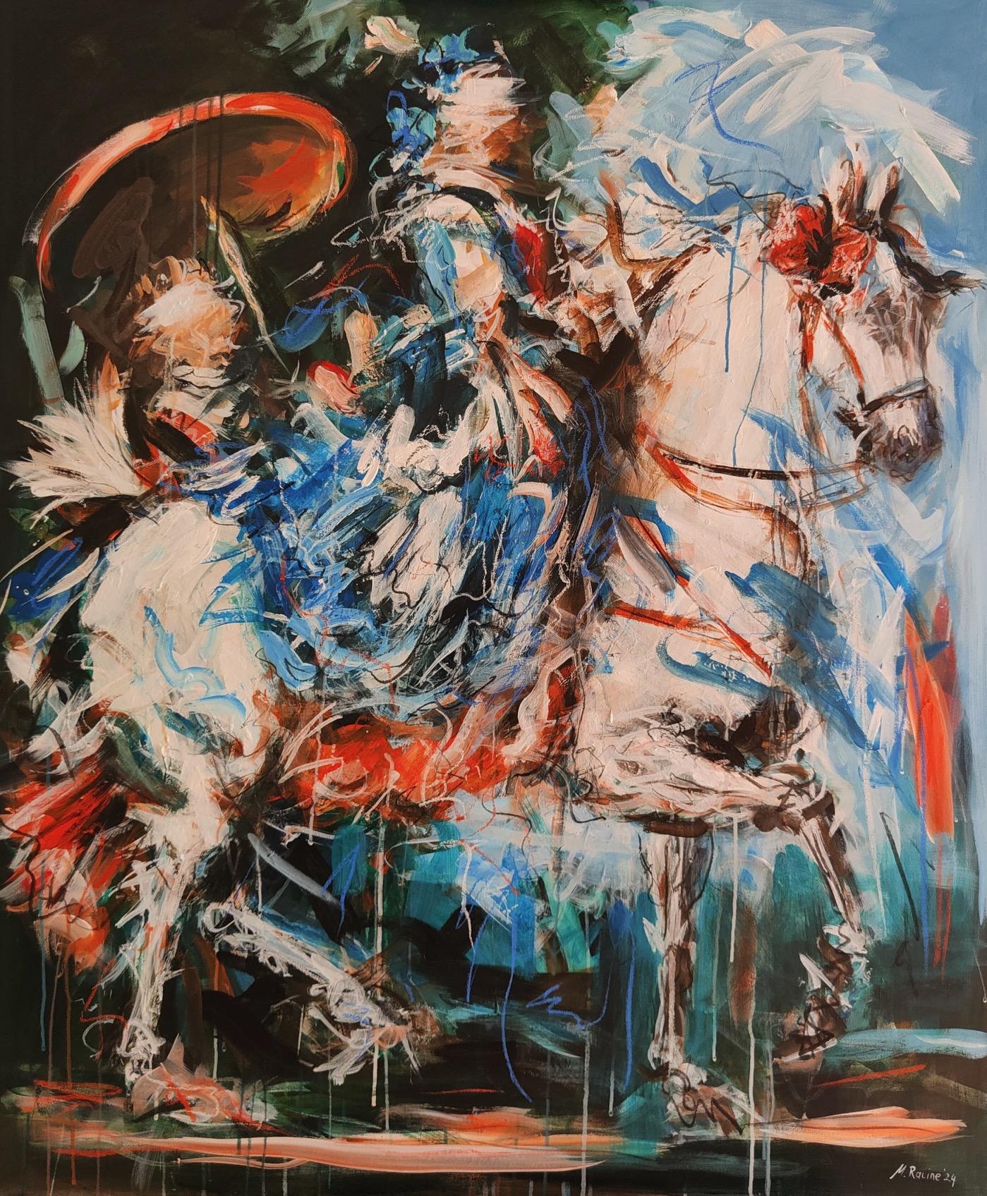 MANDY RACINE
"A caballo"
Acrílico sobre lienzo
47 x 39 pulgadas
____________________

"La pintura me transporta a otro lugar, a mi propio mundo especial inspirado en los antiguos maestros y en la imaginería barroca y rococó.  Me inspiro en la