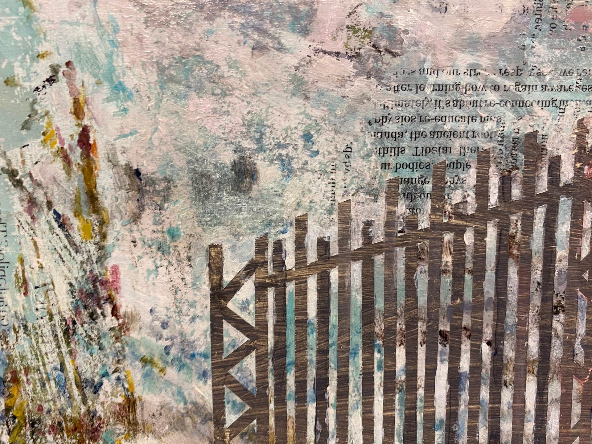 Mixed media on panel by artist Mandy Rogers Horton. Horton’s current body of art reflects on the ongoing construction of our lives and culture from eclectic and disparate sources.