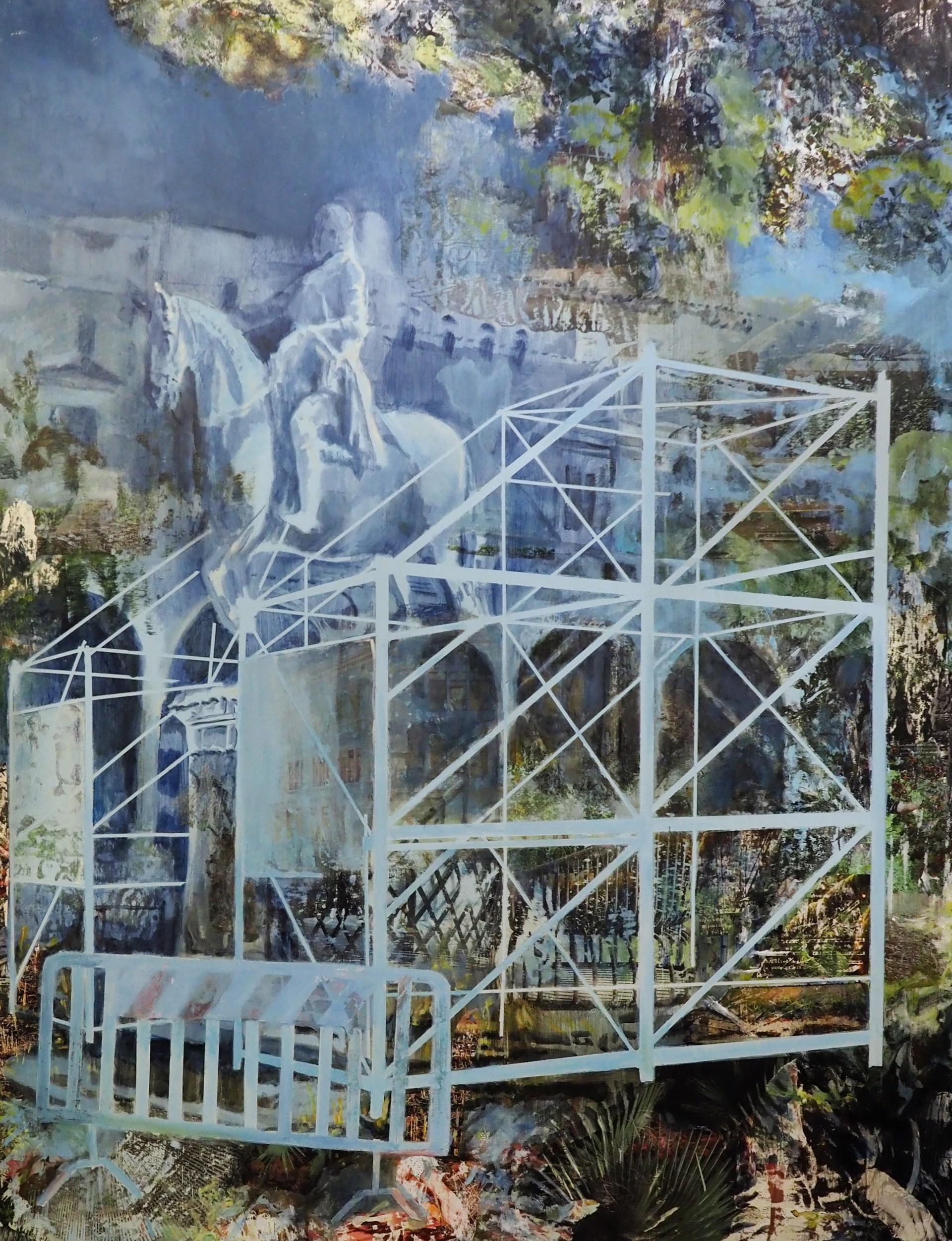 Lavori in Corso displays various marble statues surrounded by scaffolding and tarps from construction sites  that is dispersed among three wood panels. Rogers-Horton's use of blue variations  and collage showcase the honesty the forms admit to be