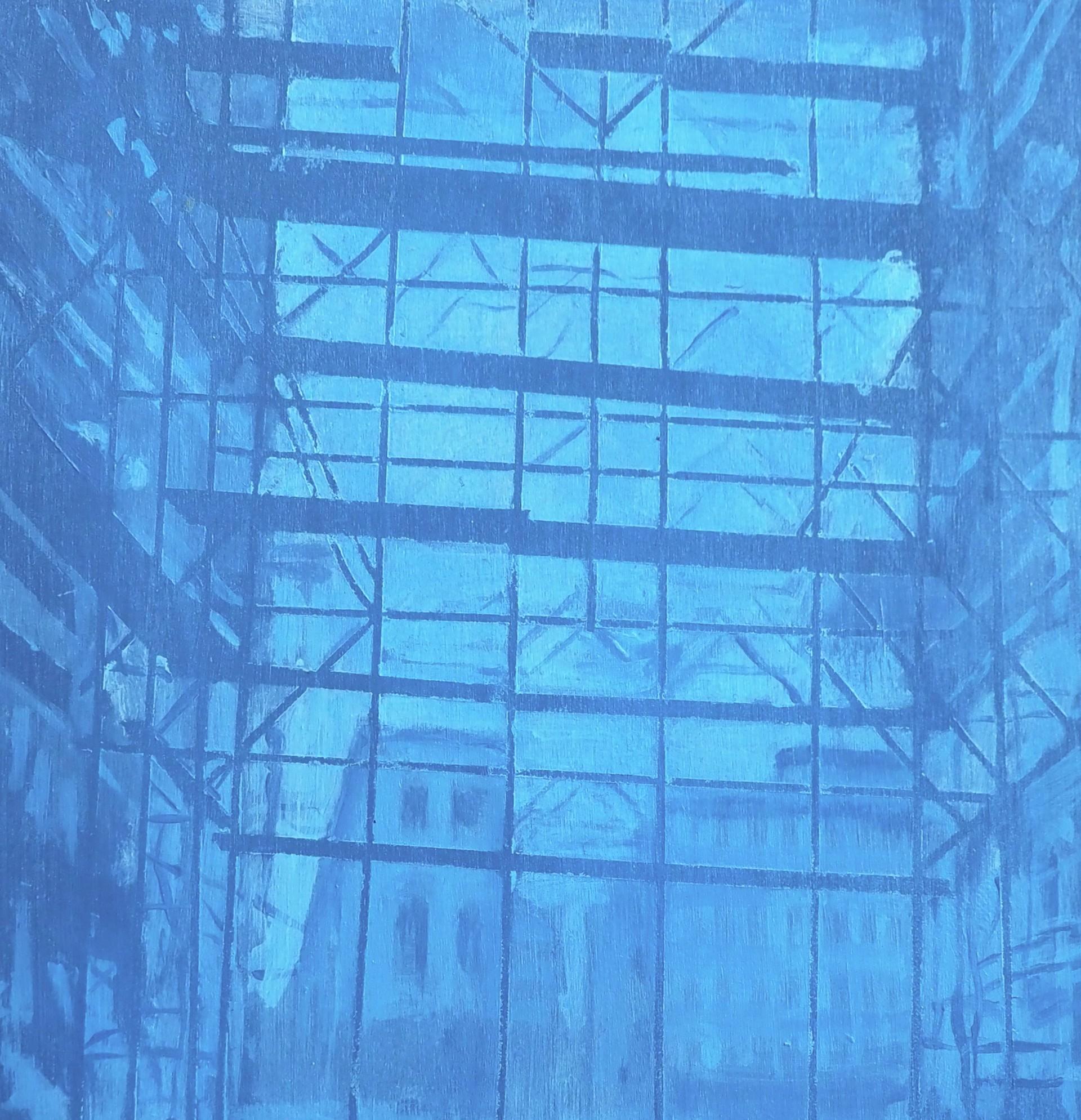 Repubblica displays a distant building surrounded by scaffolding and construction through subtle tones of blue, red, and orange in the foreground of the painting. Rogers-Horton's use of blue variations and collage showcase the honesty the forms