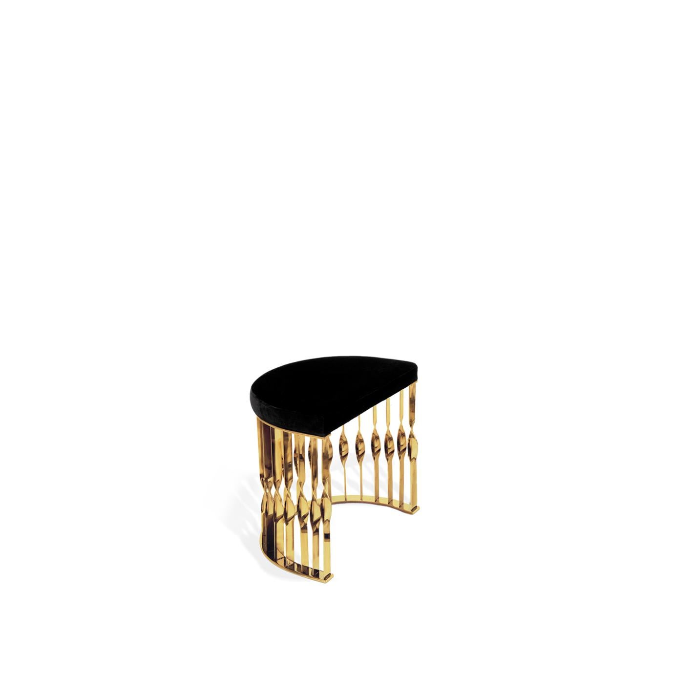 This fluid and unusual stool transcend design and jewellery. Conceived from a cuff bracelet, the Mandy stool will embellish any setting with its soft black velvet upholstery and a base in twisted high-gloss polished brass.