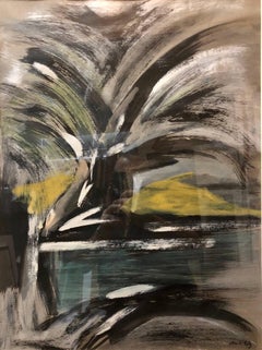 Abstract Landscape with Palm Tree Judaica Gouache Painting