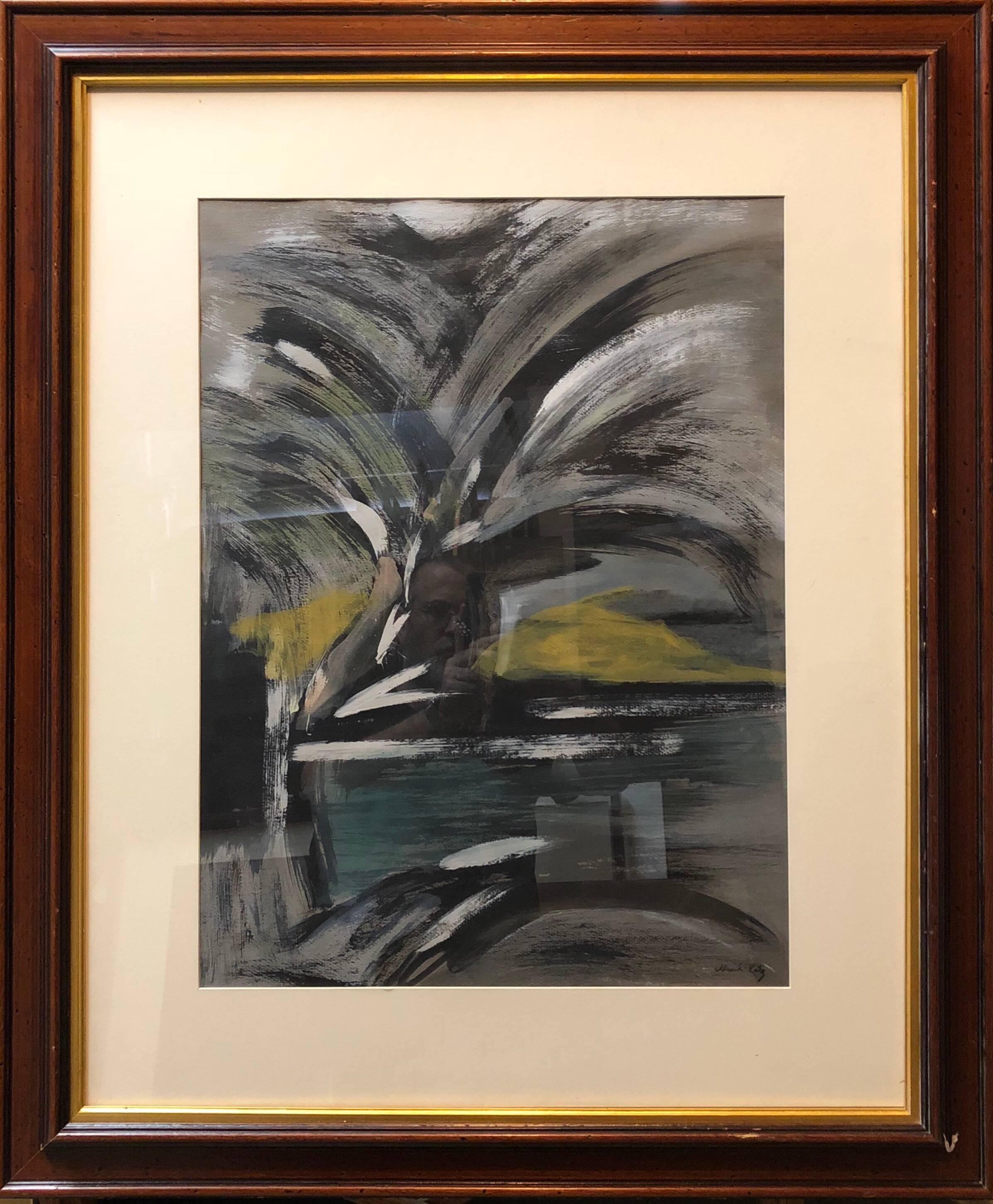 Abstract Landscape with Palm Tree Judaica Gouache Painting For Sale 3