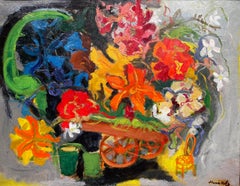 Colorful original oil painting of flowers by Mane Katz