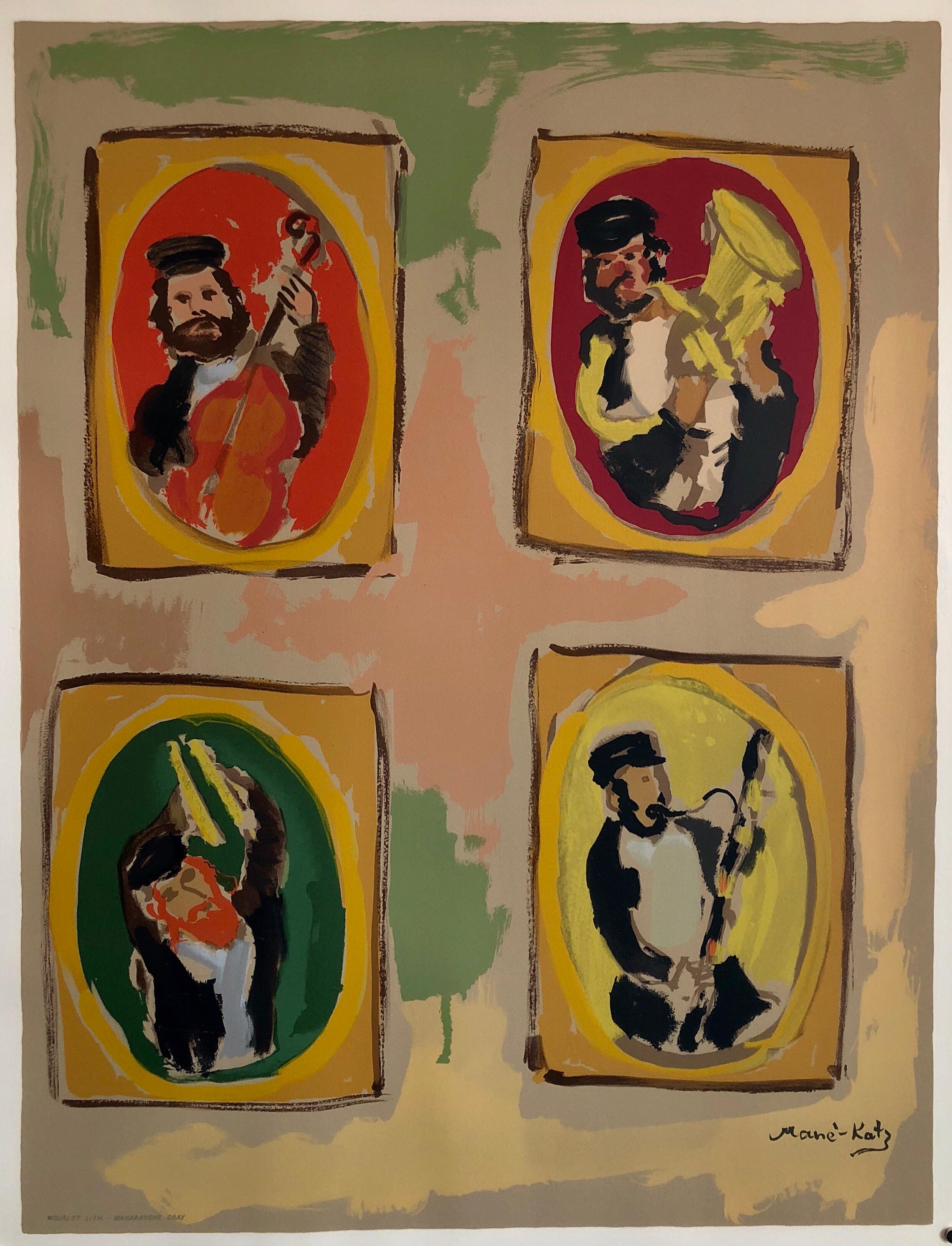 Print de Mane Katz - Colorida Litografía Judaica Rusa Francesa Boda Judía Shtetl Mourlot Paris