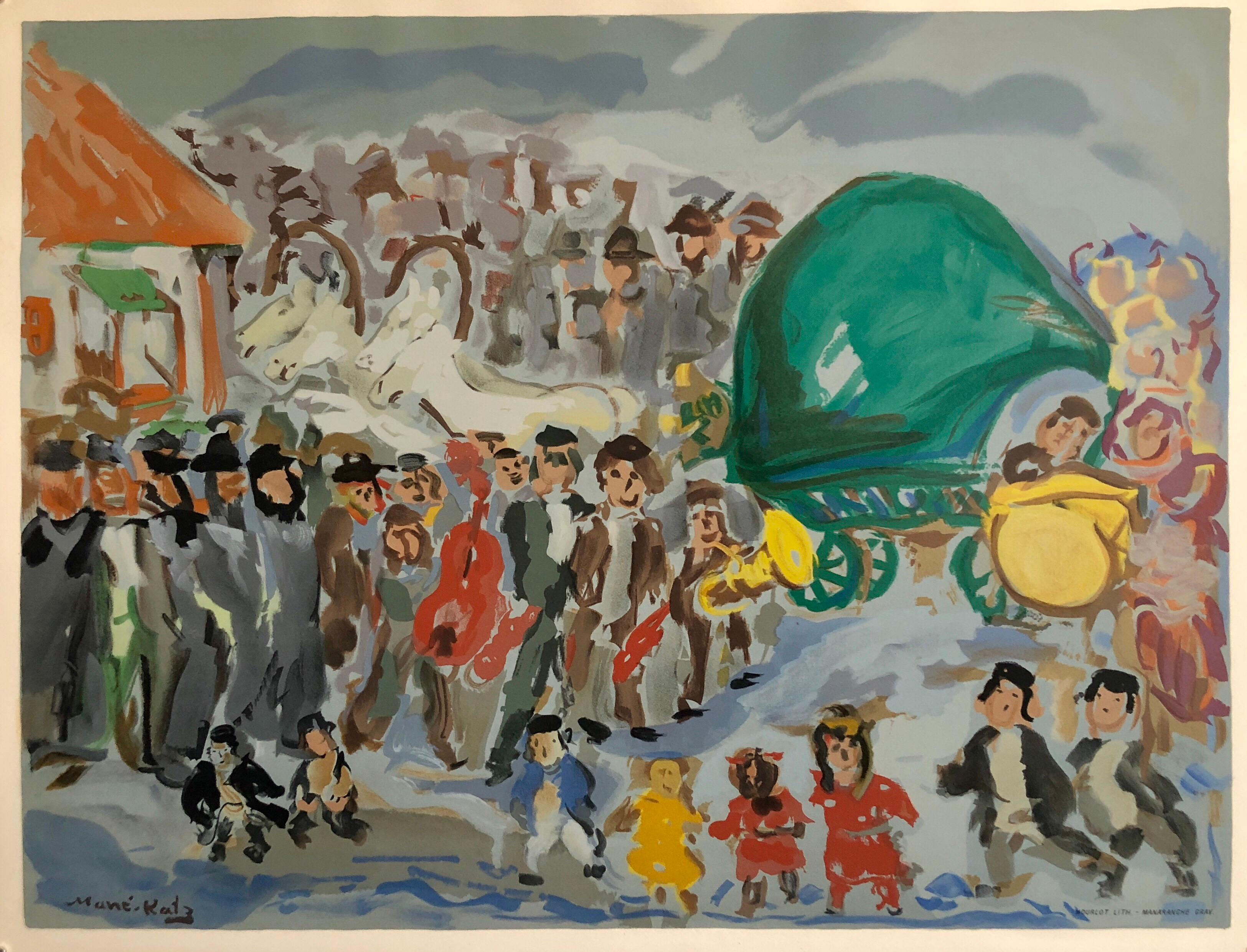 Colorida Litografía Judaica Rusa Francesa Boda Judía Shtetl Mourlot Paris