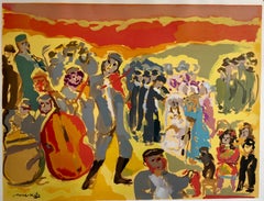 Bunte russische französische Judaica-Ehering-Lithographie des jüdischen Shtetl-Hochzeits Mourlot Paris