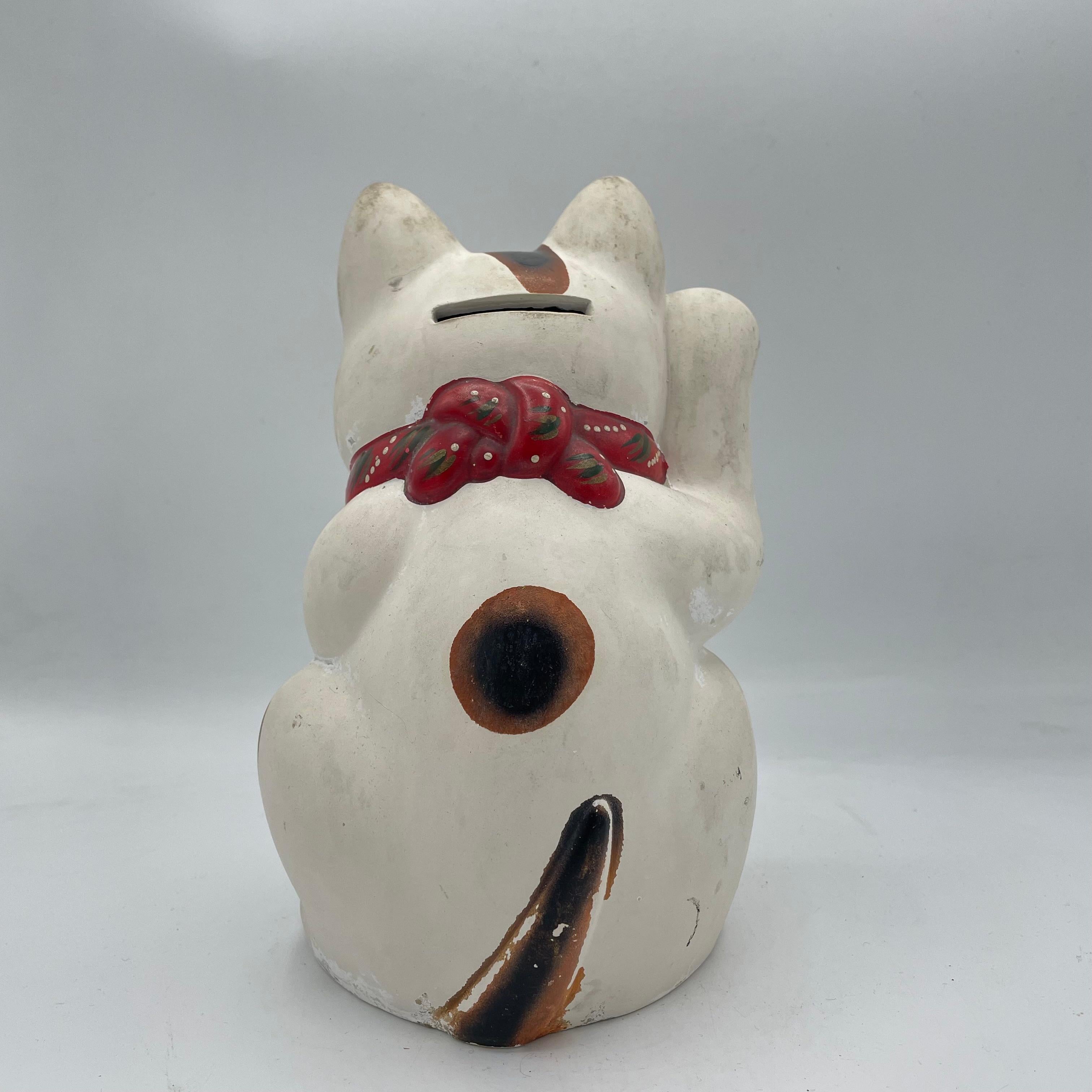 Japanese Manekineko Lucky Cat Metal Piggy Bank 1960s Showa For Sale