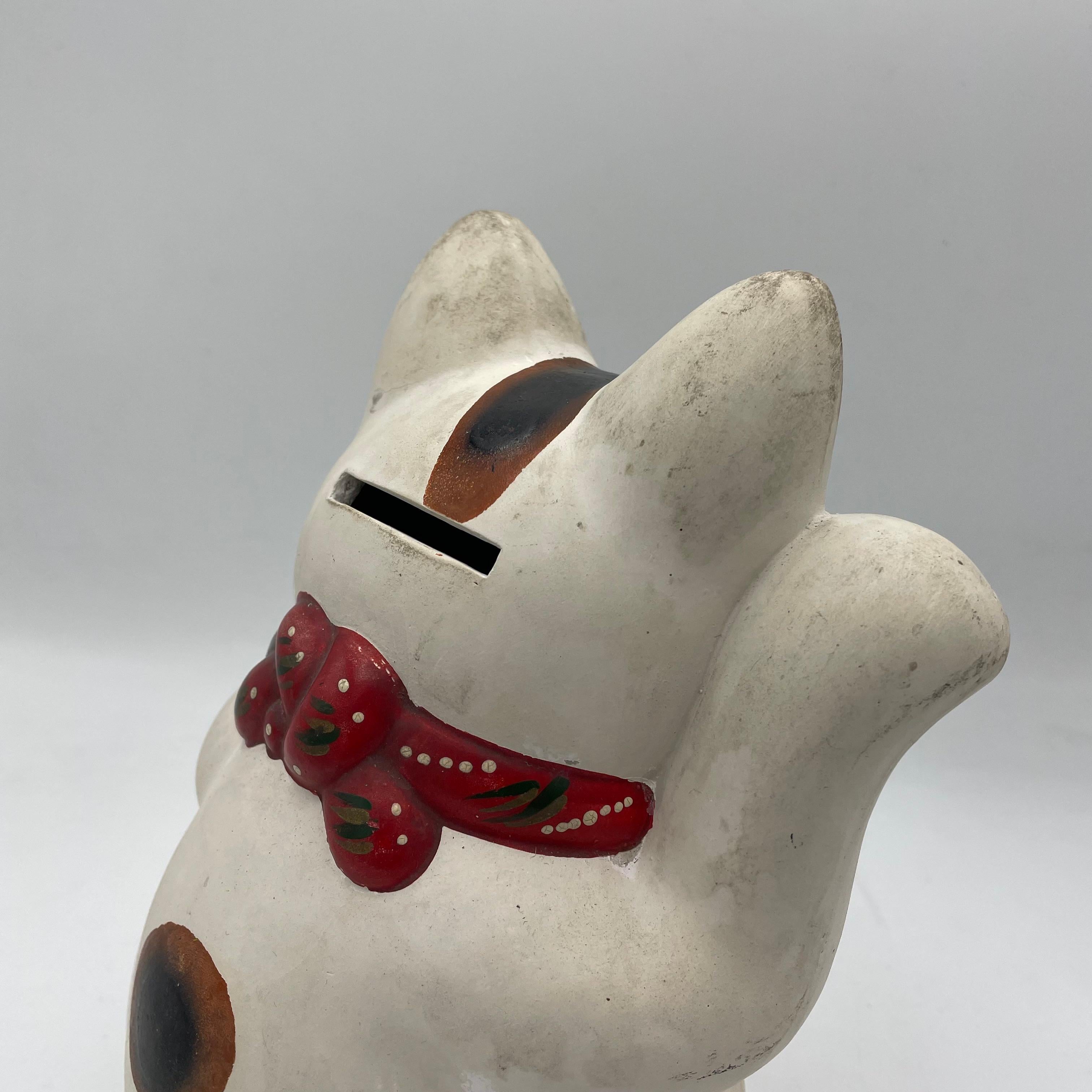 Hand-Painted Manekineko Lucky Cat Metal Piggy Bank 1960s Showa For Sale