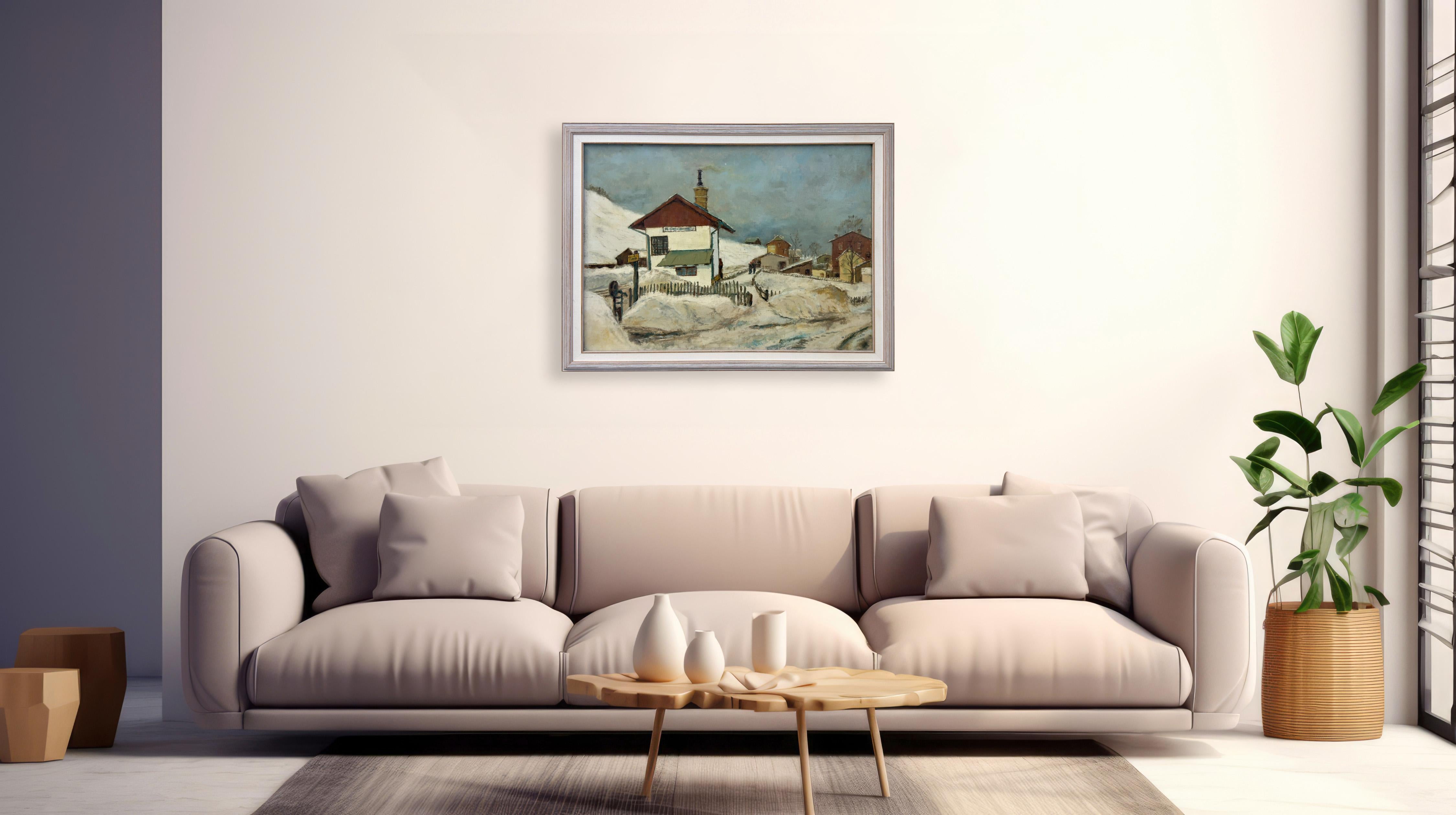 An oil on canvas landscape painting by Manes Lichtenberg (American, 1920-2009).  The painting mirrors a winter landscape of a village in Am Arlberg massif in Austria,  one of the 5 biggest ski resorts in the world. The Arlberg is consisting of the