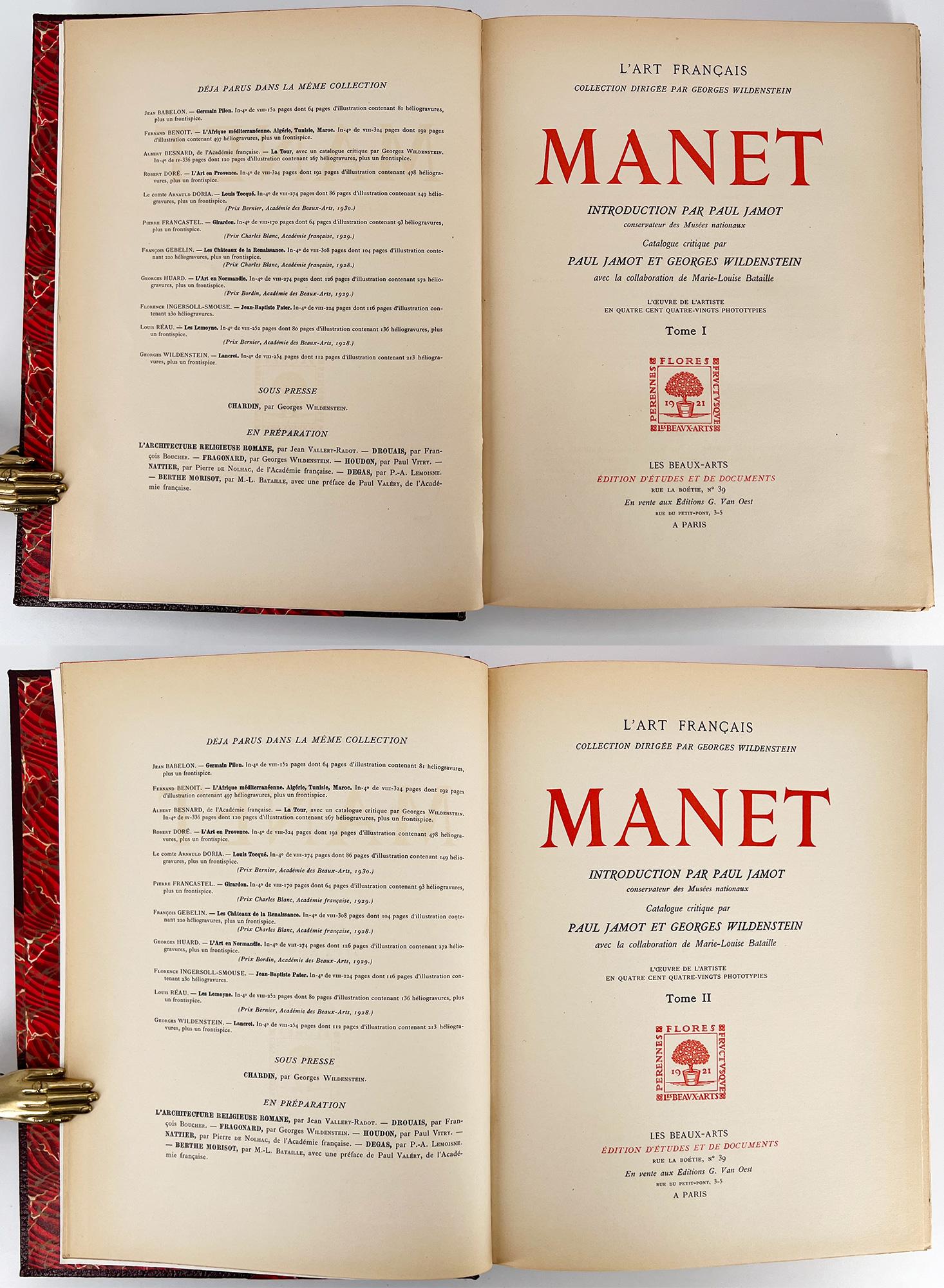 Wildenstein, Georges ; Paul Jamot [intro.]
Manet [Catalogue raisonné] L'oeuvre de l'artiste en quatre cent quatre-vingts phototypes

Paris : Les Beaux-Arts, 1932. 
Première édition. 2 volumes
4to, 12 1/2 x 9 3/4 (318 x 247 mm) ; Vol.1 : demi-titre,