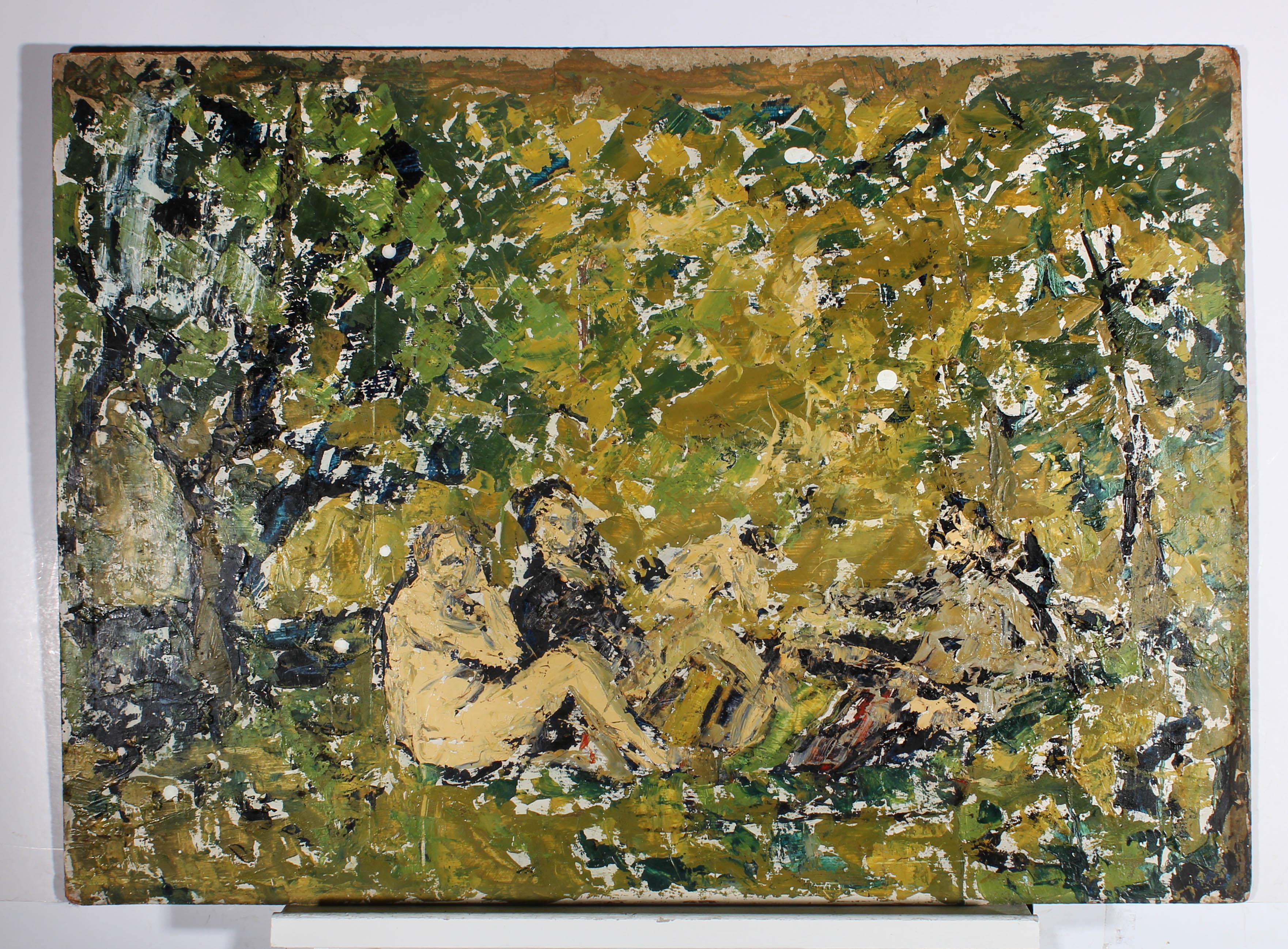 A heavily abstracted copy of the original painting by Manet. The scene shows a group of figures seated on the grass in a woodland clearing. One nude woman sits with two men and a second woman (heavily abstracted in this version) can be seen emerging