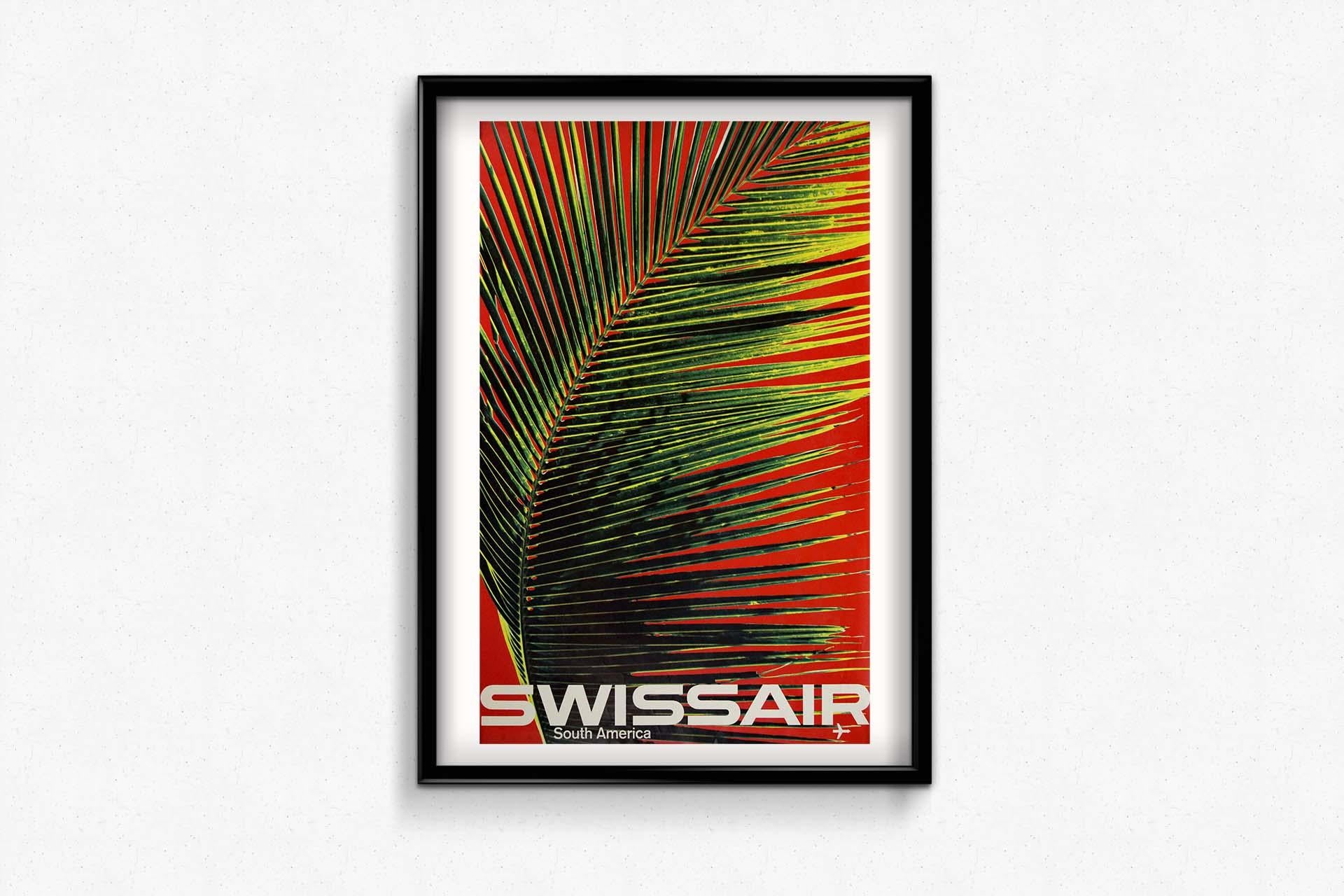 Das Original-Reiseplakat von Bingler Manfred für die Swissair aus dem Jahr 1964, das für Reisen nach Südamerika wirbt, ist ein anschauliches Beispiel für die grafische Gestaltung in der Luftfahrtindustrie Mitte des 20. Jahrhunderts. Dieses Kunstwerk
